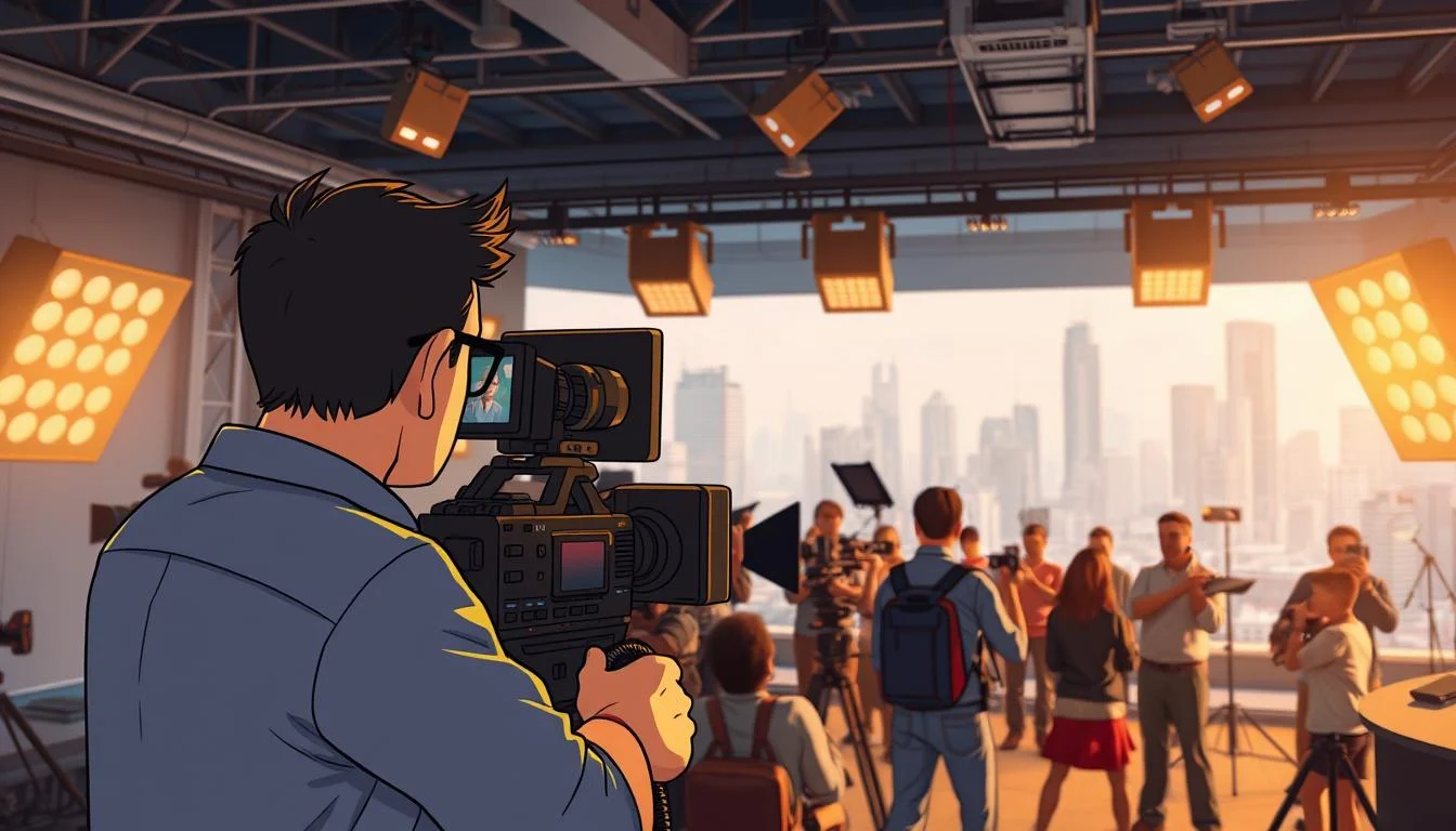 Live Action Explainer Video Examples & Services: A Comprehensive Guide 6 A bustling live action video production set, with a director overseeing the scene through a viewfinder, surrounded by a crew operating cameras, lighting, and sound equipment. In the foreground, actors perform against a backdrop of a modern urban cityscape, bathed in warm, cinematic lighting. The atmosphere is one of focused intensity and creative collaboration, as the production team works together to bring the narrative to life.