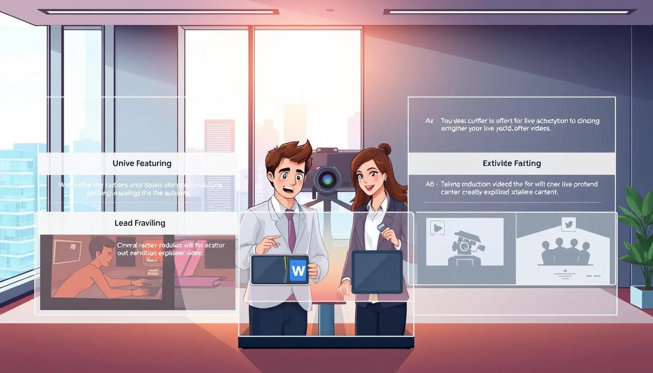 Live Action Explainer Video Examples & Services: A Comprehensive Guide 7 A dynamic comparison of top live action explainer video services unfolds against a sleek, professional backdrop. In the foreground, holographic displays showcase the unique features and offerings of leading providers, meticulously crafted with cinematic lighting and camera angles. The middle ground features a team of talented video production experts collaborating to create captivating explainer content, their expressions conveying expertise and passion. In the background, a modern, minimalist office space sets the stage, complete with large windows overlooking a vibrant cityscape. The overall atmosphere exudes a sense of innovation, quality, and industry authority, perfectly capturing the essence of the top live action explainer video services in 2023.