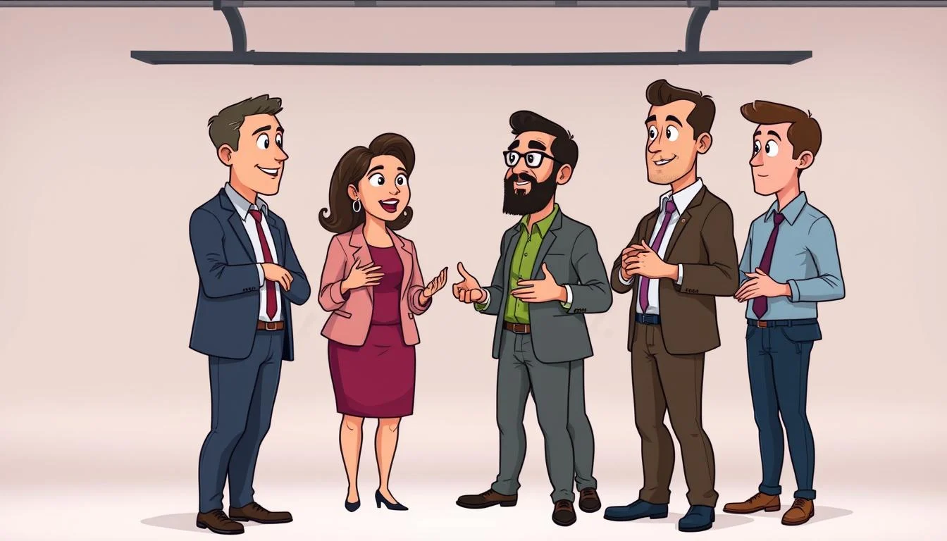 Live Action Explainer Video Examples & Services: A Comprehensive Guide 3 A group of professional actors performing in a live action explainer video, shot in a well-lit studio setting. The actors, dressed in business casual attire, are standing in a semicircle, engaged in a dynamic conversation with natural hand gestures and expressive facial expressions. The camera angle is from a medium distance, capturing the actors from the waist up, allowing the viewer to focus on their performance. The background is a simple, neutral-toned backdrop, creating a clean and professional look. Soft, even lighting illuminates the scene, casting subtle shadows and highlighting the actors' features. The overall mood is one of informative yet engaging storytelling, setting the stage for an effective and visually compelling live action explainer video.