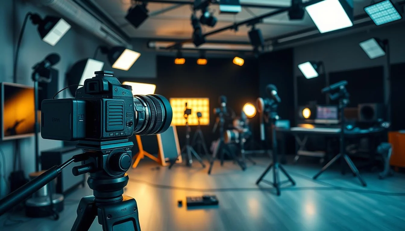 Spokesperson Video Service: Professional Video Production 6 A professional video production studio with a modern, sleek setup. In the foreground, a high-end DSLR camera with a prime lens on a sturdy tripod, meticulously positioned for the perfect shot. In the middle ground, a array of professional-grade lighting equipment, including softboxes and LED panels, casting a warm, cinematic glow. In the background, a collection of microphones, audio mixers, and other sound equipment, ensuring pristine audio capture. The overall atmosphere is one of precision, efficiency, and a dedication to producing the highest-quality video content.