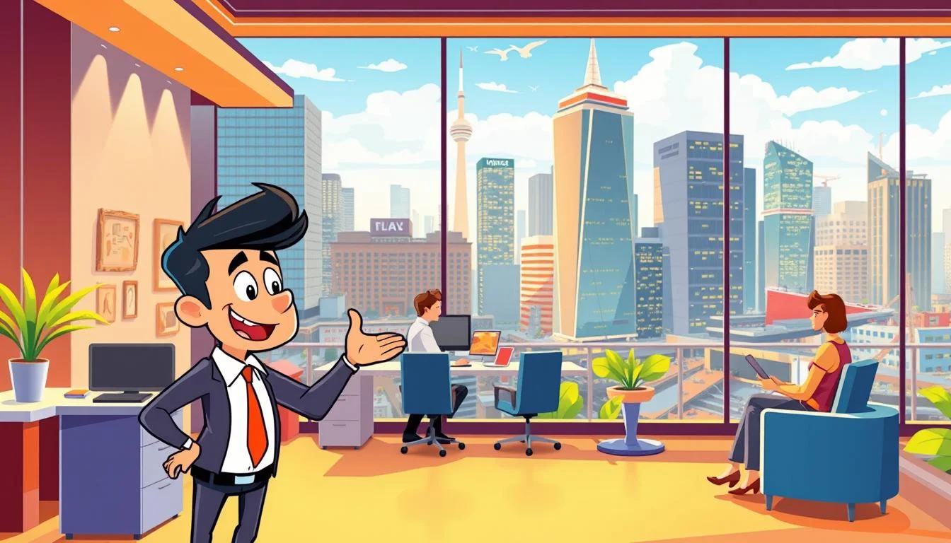 Animated Explainer Video Production & Animation 6 A vibrant, dynamic scene showcasing the power of animated explainers to enhance brand awareness. In the foreground, a charismatic, animated character enthusiastically demonstrates the features of a product or service, capturing the viewer's attention. In the middle ground, a sleek, modern office environment provides a professional backdrop, with employees engaged and intrigued by the explainer presentation. In the background, a cityscape with towering skyscrapers and a vibrant, energetic atmosphere conveys a sense of growth, innovation, and success. Warm, natural lighting illuminates the scene, creating a sense of warmth and positivity. The overall composition and mood inspire confidence, trust, and the desire to learn more about the brand and its offerings.