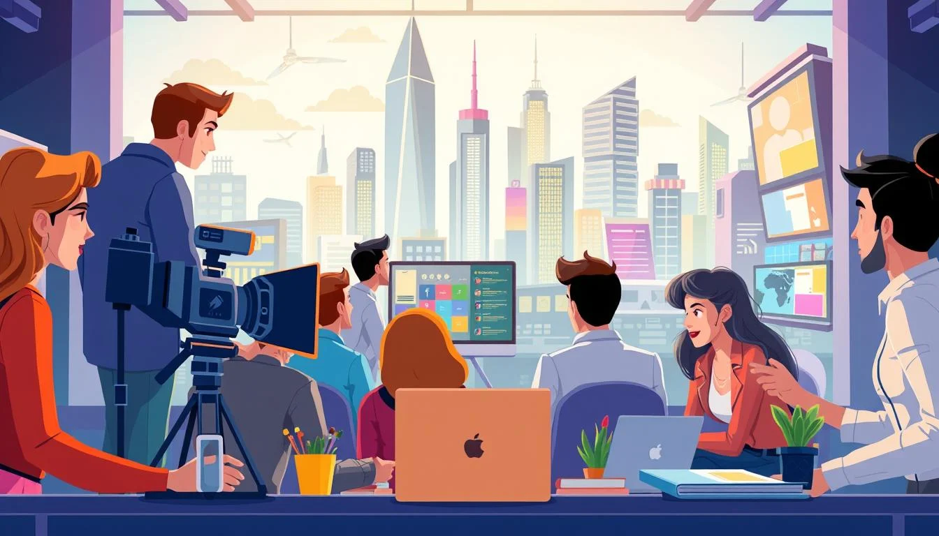 Animated Explainer Video Production & Animation 7 A vibrant, visually-striking scene depicting the strategic applications of animated explainer videos. In the foreground, a team of diverse professionals collaborating on a video production, animating engaging 2D characters and motion graphics. In the middle ground, various business and educational contexts where these explainer videos are utilized - a boardroom presentation, an online learning platform, a social media campaign. In the background, a futuristic cityscape with glowing skyscrapers, suggesting the widespread integration of these dynamic visual aids. Crisp, cinematic lighting accentuates the dynamism and versatility of these animated tools, conveying their power to inform, persuade and captivate audiences.