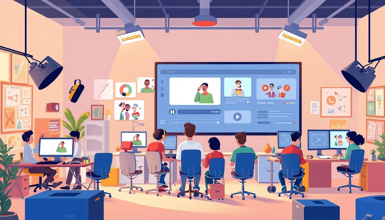 Animated Explainer Video Production & Animation 2 Detailed explainer video production process unfolding in a vibrant, contemporary illustration. Foreground shows a team of animated characters engaged in various tasks - storyboarding, character design, animating, editing, and voiceover recording. Midground features a large display screen showcasing different stages of the production pipeline. Background depicts a modern, minimalist studio setting with sleek workstations, creative tools, and inspirational mood boards. Warm, natural lighting illuminates the scene, creating an atmosphere of focused collaboration and creative energy. The overall composition conveys the step-by-step workflow of crafting an engaging animated explainer video.
