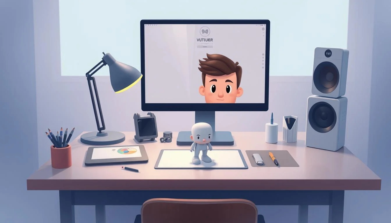 How do VTubers Get Their Avatars? The Ultimate VTuber Avatar Guide 3 2D vtuber avatar creation process in a clean, minimalist digital art style. Centered on a desk with various digital art tools and equipment - stylus, graphics tablet, computer display, and 3D model of a vtuber character in the foreground. Soft, cool-toned lighting casts a contemplative atmosphere. The desk is surrounded by a hazy, out-of-focus background that suggests an art studio or creative workspace. The overall composition conveys the thoughtful, technical process of designing and crafting a unique vtuber persona from scratch.