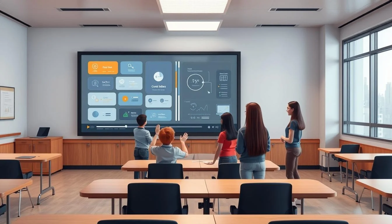 E-Learning Video Production: Your Guide to Engaging Videos 8 A 3D classroom scene featuring a large interactive video display in the foreground. The display shows various clickable elements like buttons, sliders, and interactive diagrams. In the middle ground, virtual students are engaged with the interactive video, gesturing and collaborating. The background depicts a modern, well-lit classroom with sleek furniture, large windows, and subtle color accents. The lighting is soft and natural, with a sense of warmth and professionalism. The overall mood is one of active learning and seamless technological integration.