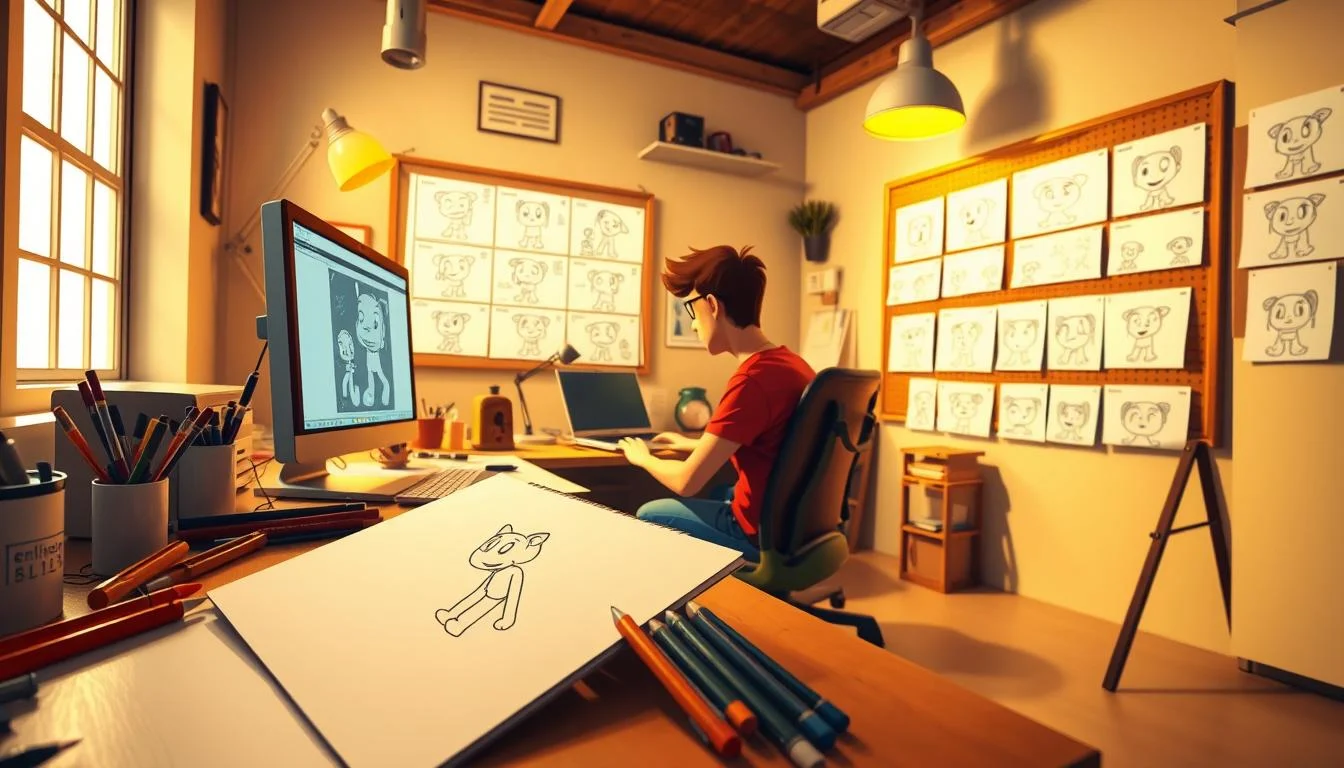 Effective Character Animation: Animate Characters & Animator Tools 4 A bright, well-lit studio setting with an animator's workspace. In the foreground, a character sketch on a sketchpad, surrounded by a variety of drawing tools and pens. In the middle ground, an animator intently focused on their computer screen, reviewing a sequence of animation frames. In the background, storyboard panels displayed on a corkboard, showcasing the step-by-step progression of a character's movement and expression. Warm lighting illuminates the scene, creating a sense of creativity and diligent effort. The camera angle is slightly elevated, capturing the organized chaos of the animation process.