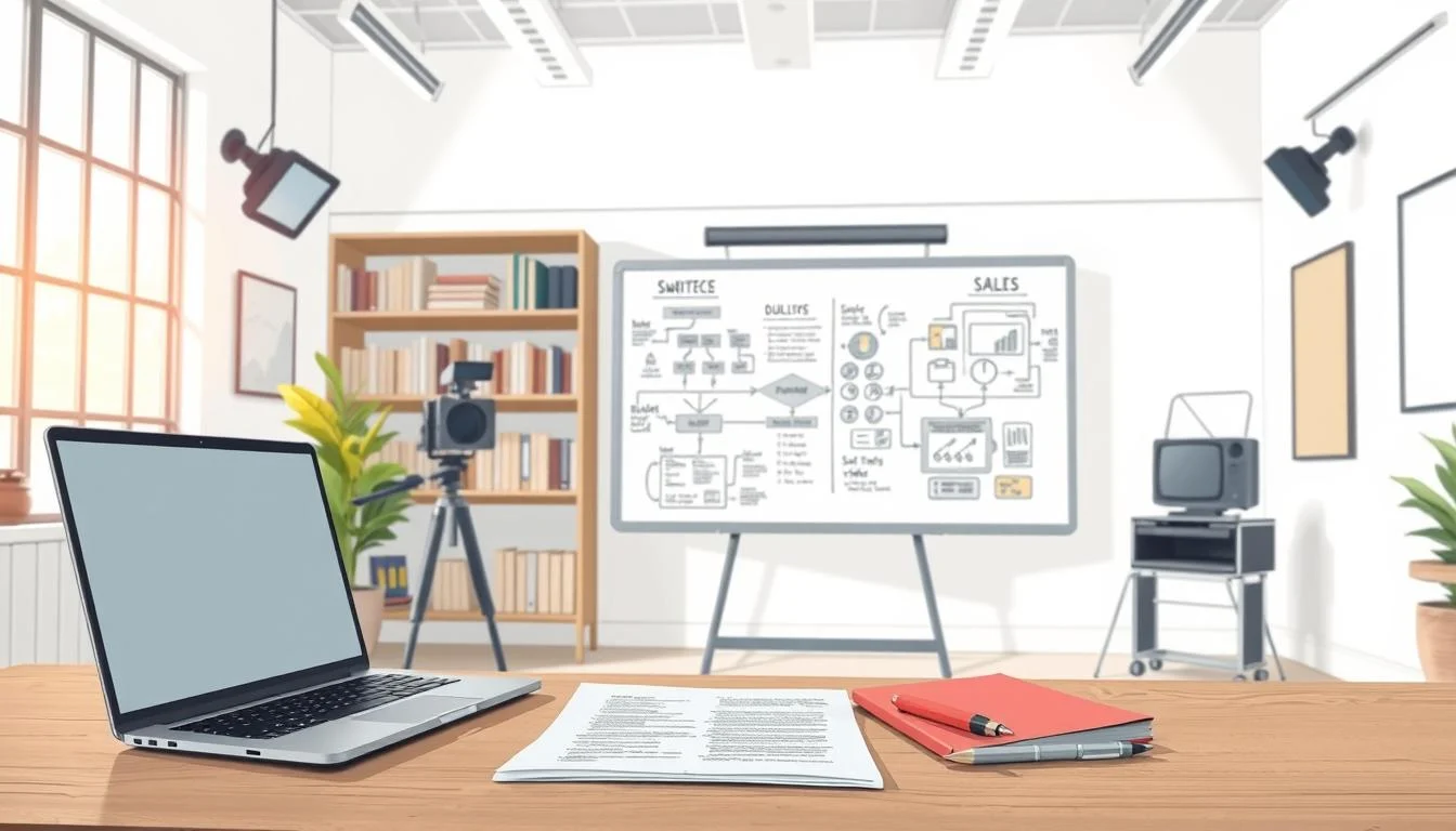E-Learning Video Production: Your Guide to Engaging Videos 4 A bright, well-lit studio with a modern, minimalist aesthetic. In the foreground, a writer's desk with a laptop, notes, and a pen poised above a script. In the middle ground, a whiteboard covered in diagrams, flowcharts, and bullet points, depicting the stages of the e-learning video script development process. In the background, shelves filled with reference books and media equipment, suggesting a professional production environment. The overall mood is focused, collaborative, and creative, conveying the careful craftsmanship involved in developing an effective e-learning video script.