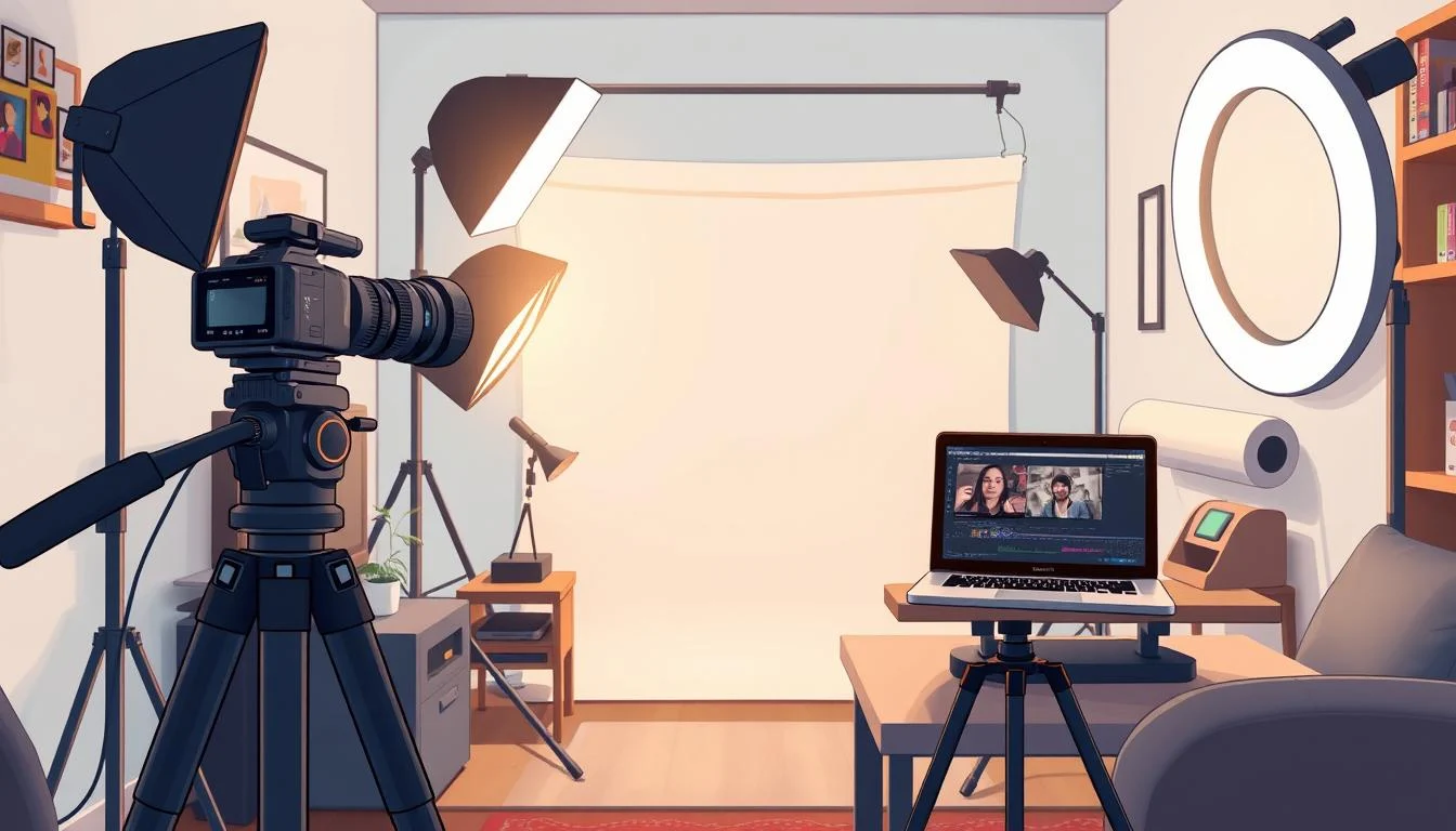 Crowdfunding Video Production: Top Effective Kickstarter Video Services 6 A cozy, well-lit home studio with a compact professional video setup. In the foreground, a sturdy tripod supports a high-quality DSLR camera, its lens capturing the action. On a nearby table, an array of lighting equipment - softboxes, reflectors, and a ring light - create a warm, even illumination. In the middle ground, a sleek, modern laptop or tablet is open, displaying video editing software. Behind it, a carefully curated backdrop, such as a seamless paper roll or fabric, provides a clean, uncluttered canvas. The overall atmosphere is focused, organized, and primed for an engaging crowdfunding video production.