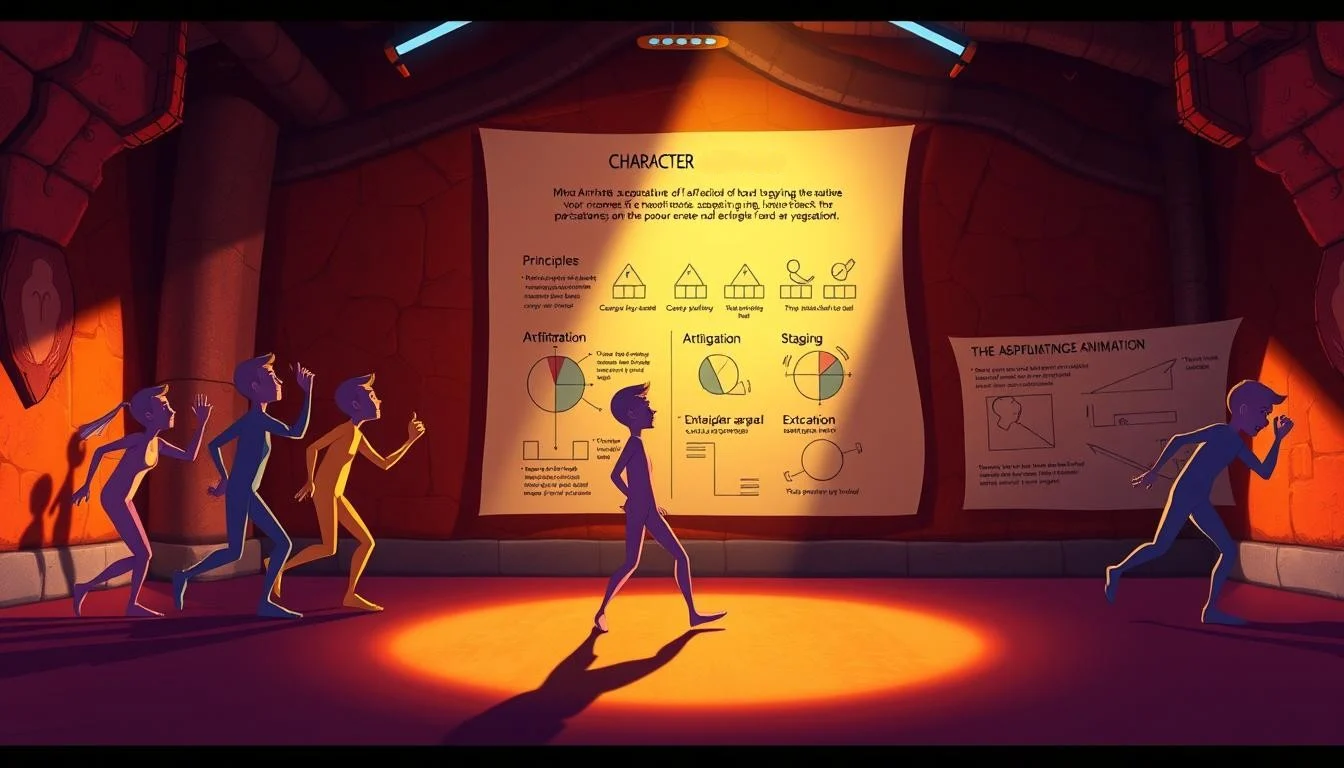 Effective Character Animation: Animate Characters & Animator Tools 2 A detailed, dynamic illustration of the core principles of character animation. In the foreground, a lively figure effortlessly transitions through various poses, showcasing the essential dynamics of movement, timing, and squash-and-stretch. In the middle ground, visual guides and diagrams highlight foundational concepts like anticipation, staging, and exaggeration. The background features a vibrant, textured environment with lighting that casts dramatic shadows, emphasizing the three-dimensional nature of the scene. The overall atmosphere conveys a sense of energy, artistry, and the inherent creativity of the animation process.