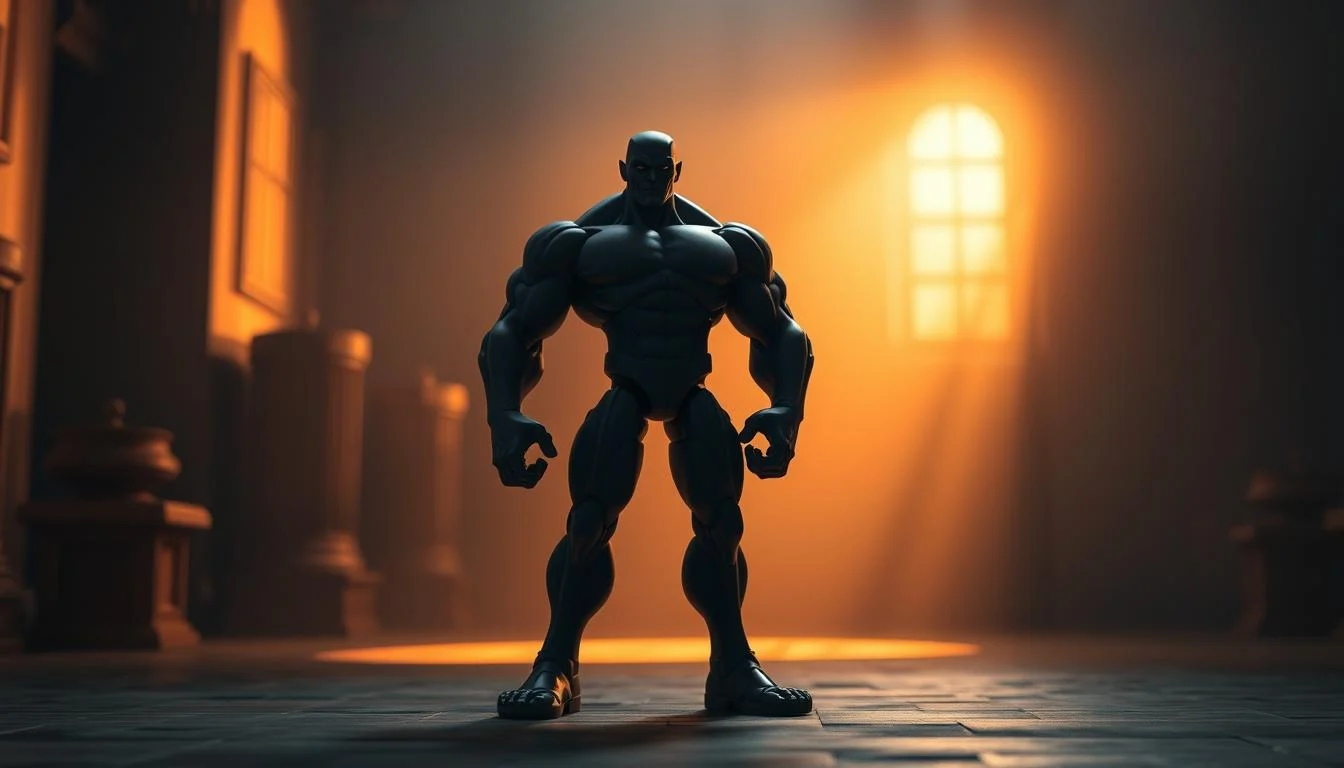 Effective Character Animation: Animate Characters & Animator Tools 5 A detailed, highly realistic 3D render of a character in the middle ground, highlighting the character's body mechanics and animation principles. The character is in a dynamic, expressive pose, with a strong silhouette and clear delineation of major muscle groups and skeletal structure. The lighting is dramatic, with warm, diffuse illumination from the left side creating defined shadows and highlights to accentuate the form. The background is blurred and out of focus, placing the character in the center of attention. The overall mood is one of technical mastery and emphasis on the art of character animation.