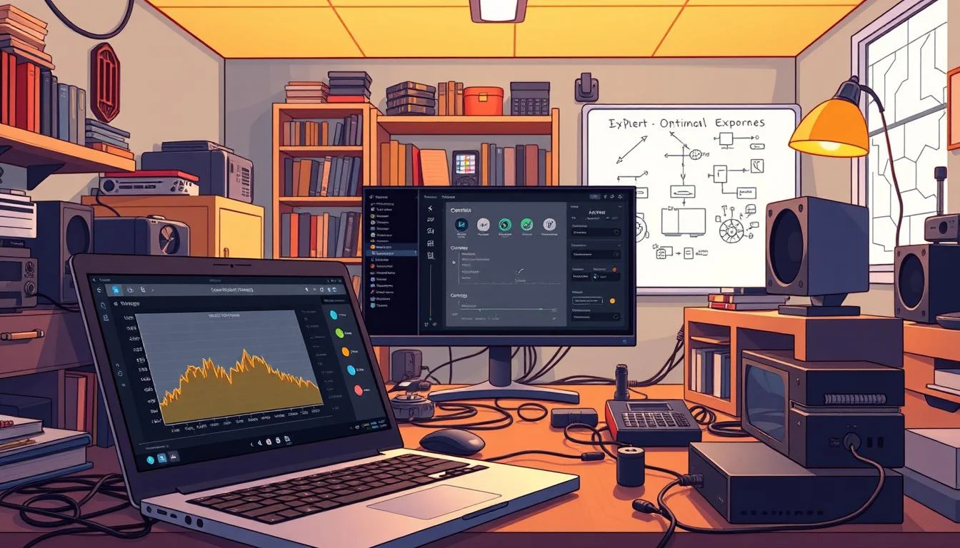 Animations for Streamers: Custom Twitch Stream Overlays, Animated Alerts & Designs 6 A digital workshop interior with scattered technical equipment and computer peripherals. In the foreground, an open laptop displays performance graphs and file optimization settings. In the middle ground, a large monitor shows an OBS streaming interface with various animation tools and export options. The background features bookshelves, cables, and a whiteboard with technical diagrams. Warm lighting from desk lamps and a window casts a soft glow, creating a focused, problem-solving atmosphere. The overall scene conveys the technical considerations and process behind optimizing animated stream overlays for online broadcasting.