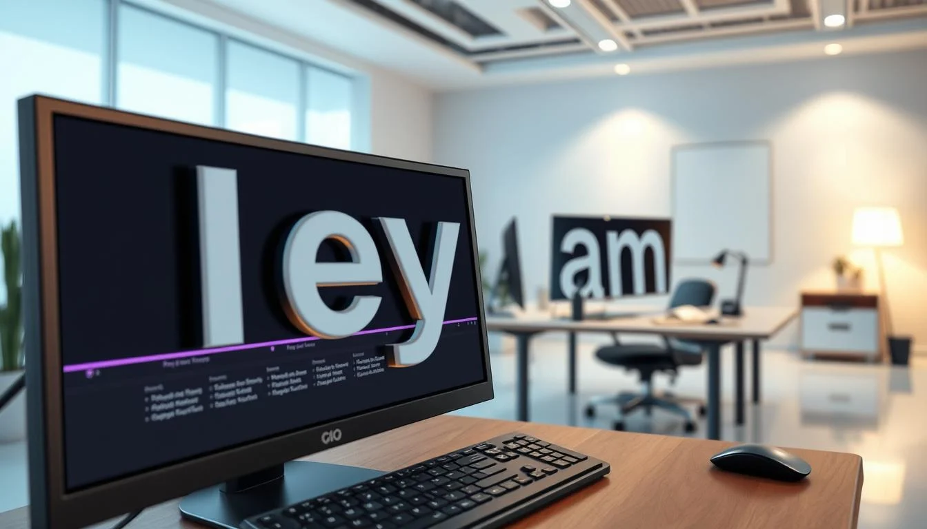 How Can You Animate Text? Add Text Animation and Object Animation 6 A dynamic 3D scene depicting the process of text animation using keyframes. In the foreground, a close-up view of a computer screen showcases a text layer with various keyframes and animation curves. The text morphs and transforms fluidly, with a strong sense of motion and visual interest. In the middle ground, an ergonomic desk setup with a keyboard, mouse, and drawing tablet provides context for the animation workflow. The background features a softly lit, minimalist office environment with clean lines, gentle gradients, and a sense of technological sophistication. Realistic lighting, depth of field, and camera angles create a compelling, immersive visualization of the text animation process.