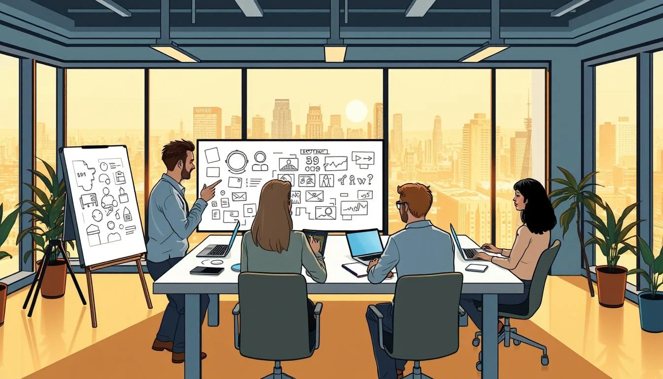 Crowdfunding Video Production: Top Effective Kickstarter Video Services 3 A modern, well-equipped office space, with a team of creative professionals gathered around a large table, discussing various elements of a crowdfunding video production. The foreground features a white board filled with sketches, notes, and brainstorming ideas. In the middle ground, the team members are engaged in lively conversation, with laptops, storyboards, and sample footage laid out before them. The background showcases large windows overlooking a bustling city skyline, bathed in warm, natural lighting that creates a collaborative and inspiring atmosphere. The overall scene conveys a sense of planning, preparation, and excitement as the team works to bring their crowdfunding video concept to life.