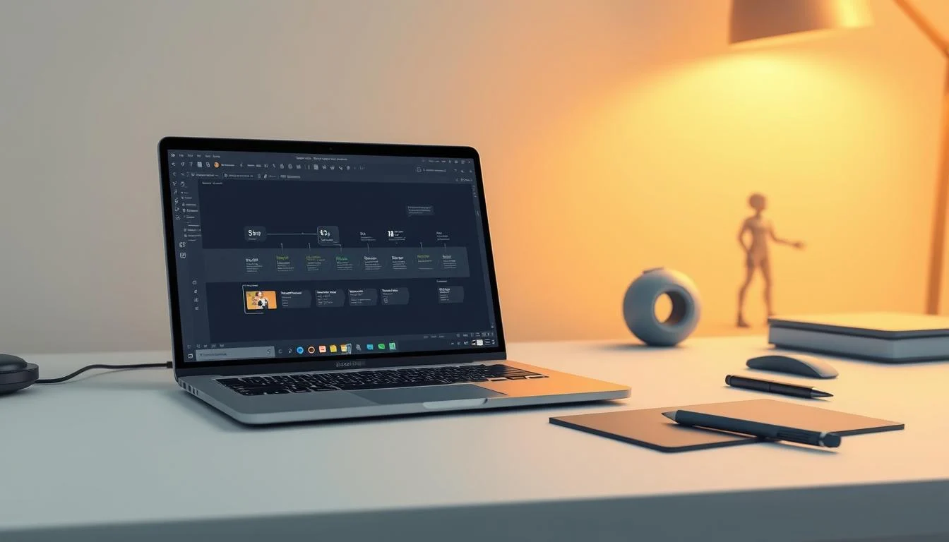 Effective Character Animation: Animate Characters & Animator Tools 8 A neatly organized animation workflow optimization template displayed on a minimalist desk setup. In the foreground, a sleek laptop showcases a detailed software interface with intuitive icons and workflow stages. The middle ground features a stylized graphics tablet and stylus, seamlessly integrated into the workspace. The background subtly blends a softly-lit 3D model of a character, hinting at the ultimate creative output. Warm, professional lighting illuminates the scene, creating a focused, productive atmosphere. Clean lines, muted colors, and a sense of balance evoke efficiency and creativity in equal measure.