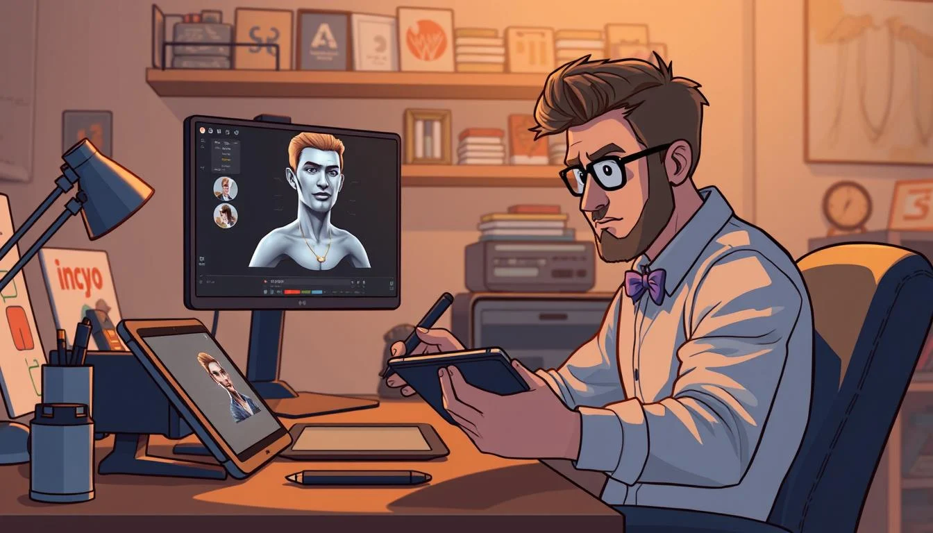 How do VTubers Get Their Avatars? The Ultimate VTuber Avatar Guide 2 A professional 3D artist working on a VTuber avatar commission, sitting at a desk illuminated by a warm, diffused light. In the foreground, a digital tablet and stylus are in use, capturing the intricate details of the avatar's design. The middle ground features a 3D model of the avatar, rotating on a screen, as the artist carefully refines the proportions and features. In the background, shelves filled with design references and inspiration material provide context for the creative process. The atmosphere is focused, with a touch of contemplation, as the artist meticulously crafts the virtual persona.