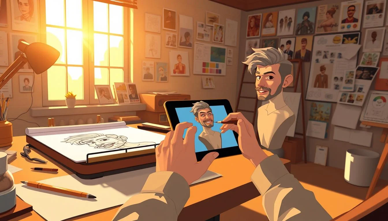How do VTubers Get Their Avatars? The Ultimate VTuber Avatar Guide 6 A professional artist's studio, bathed in warm, golden light from a large window. On the desk, a detailed character sketch, sketching tools, and a tablet displaying a 3D model of a VTuber avatar. In the foreground, a pair of skilled hands carefully sculpting and refining the digital model, adding intricate details and expressive features. The background showcases various reference images, color palettes, and inspiration boards, creating a sense of the creative process behind crafting a unique VTuber avatar. The overall atmosphere is one of focused dedication and artistic passion.