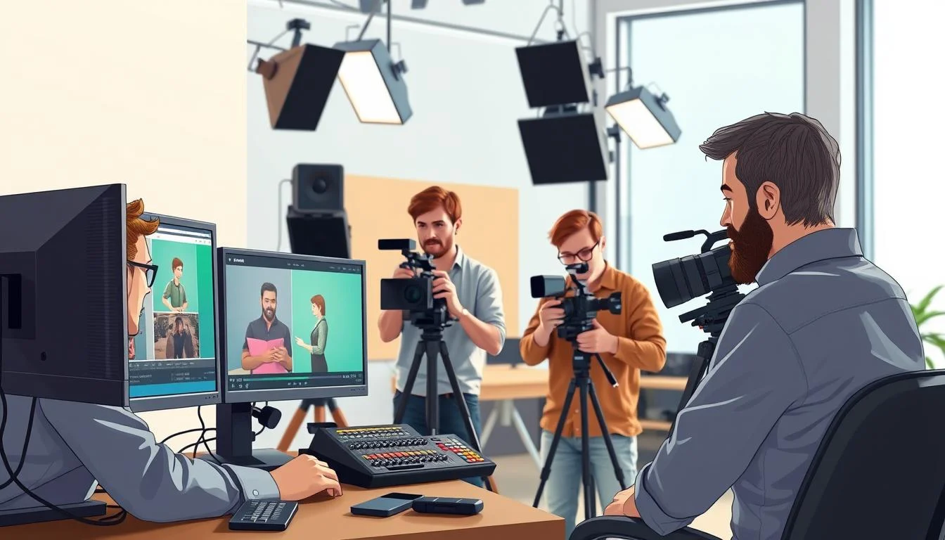 Crowdfunding Video Production: Top Effective Kickstarter Video Services 8 A professional crowdfunding video production team working in a well-lit, modern studio space. In the foreground, the director intently reviews footage on a large computer monitor, surrounded by an array of production equipment. In the middle ground, the cinematographer and sound engineer collaborate, adjusting settings on a high-end camera and audio mixer. In the background, the lighting technician fine-tunes the soft, flattering illumination from overhead softboxes, creating a polished, cinematic atmosphere. The team members wear casual, yet professional attire, their expressions focused as they work in seamless harmony to craft an engaging crowdfunding promotional video.