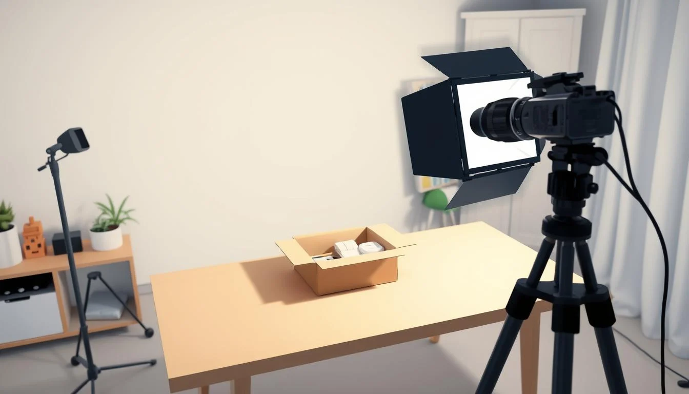 Boost Sales with Expert eCommerce Product Video Production 2 A professional home studio setup with a table, a softbox light, and a tripod camera capturing the unboxing of an ecommerce product. The product is neatly placed on the table, the package is open, and the contents are visible. The lighting is soft and diffused, creating an inviting and high-quality atmosphere. The camera angle is slightly elevated, providing a birds-eye view of the unboxing process. The scene conveys a sense of excitement and attention to detail, showcasing the product in the best possible light for an ecommerce video.