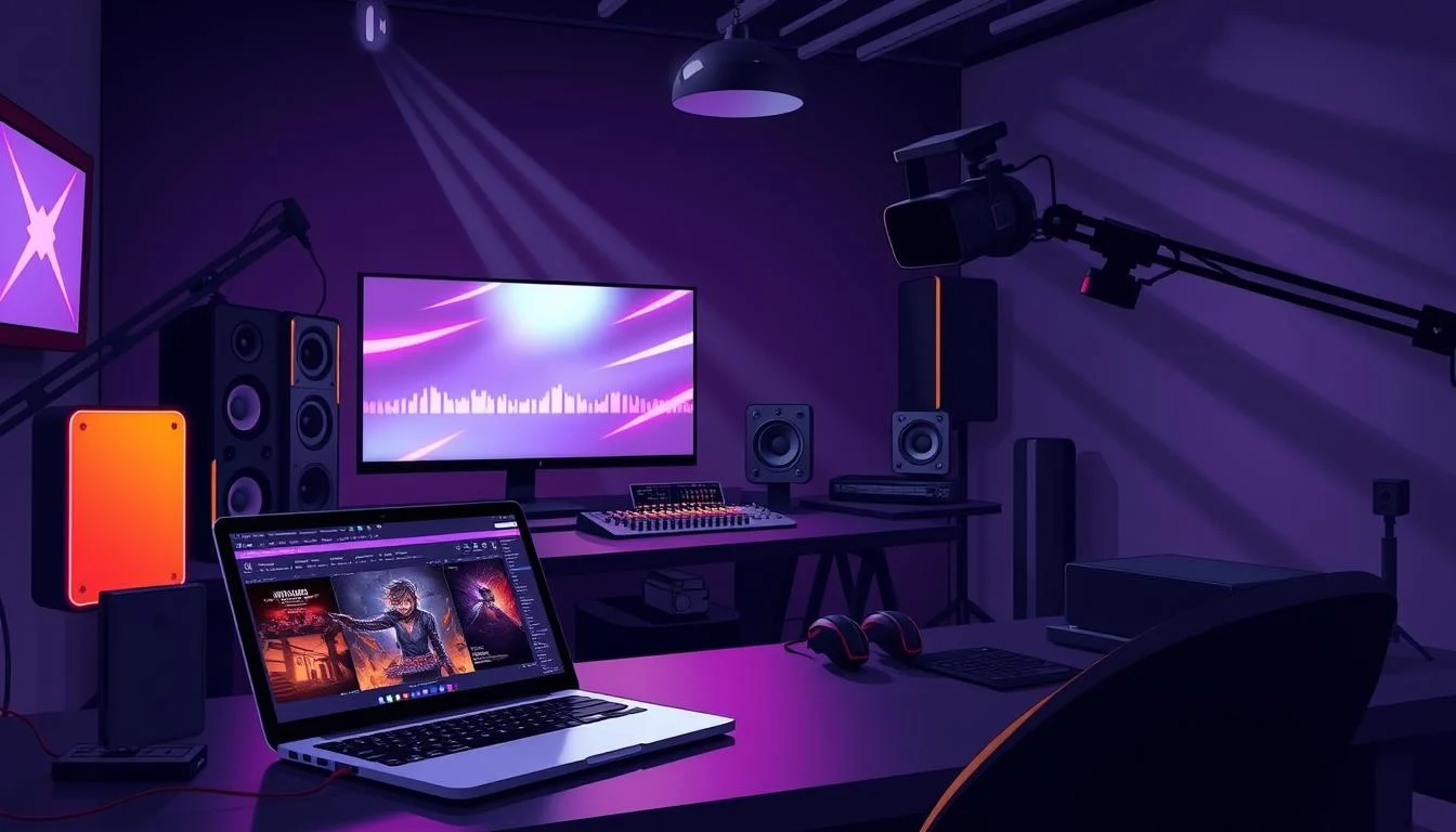 Animations for Streamers: Custom Twitch Stream Overlays, Animated Alerts & Designs 8 A professional streaming software setup with glowing neon-lit display panels, sleek gaming peripherals, and a state-of-the-art webcam. The foreground showcases an open laptop with animation editing software, while the middle ground features a mixing console and audio equipment. The background is a minimalist, dark-toned studio with dramatic, directional lighting casting long shadows. The overall atmosphere is one of modern, high-tech creativity, perfectly suited for an article on animated overlays and alerts for Twitch streamers.