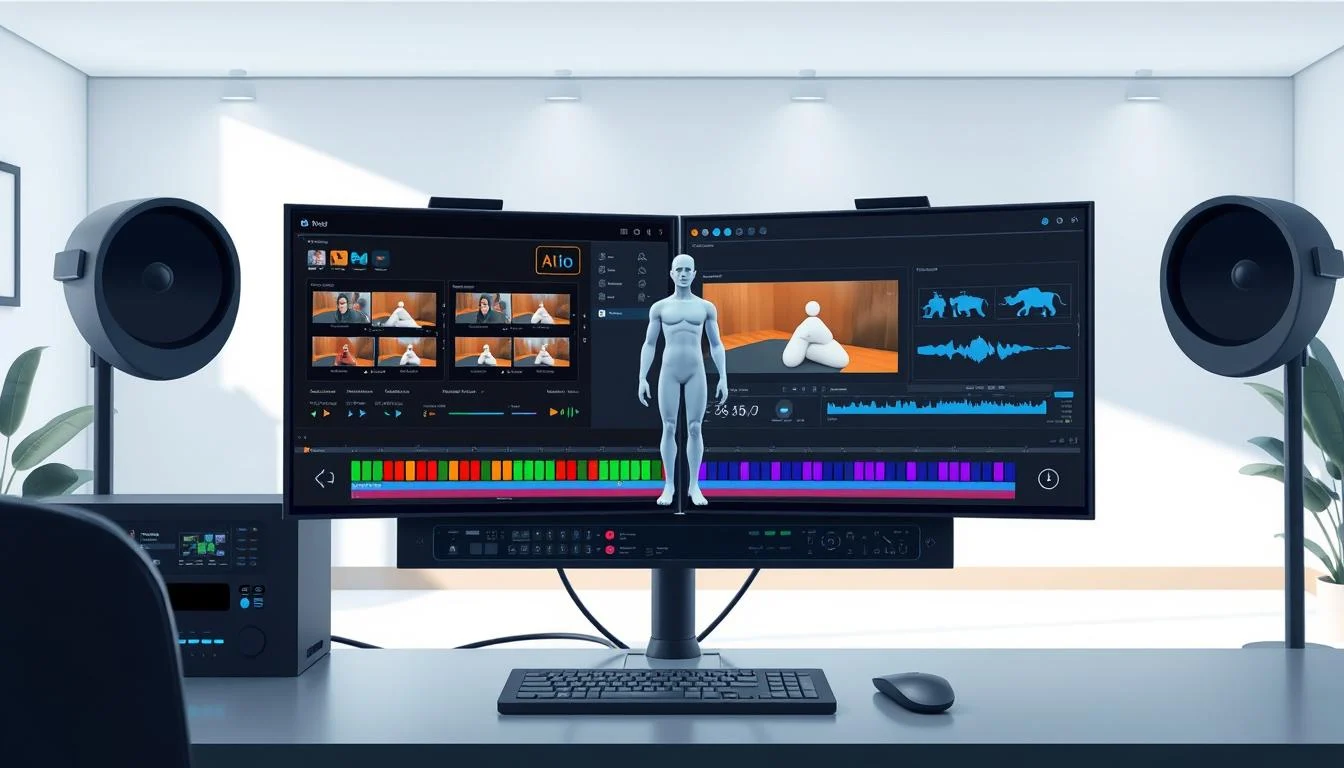 E-Learning Video Production: Your Guide to Engaging Videos 7 A professional video editor's workstation, featuring a sleek dual-monitor setup and an array of editing tools. The foreground showcases various video editing techniques, such as color grading, compositing, and timeline manipulation. The middle ground depicts a 3D model of a human figure, representing the e-learning content being created. The background features a serene, minimalist environment with soft lighting, creating a focused and productive atmosphere. The overall scene conveys the seamless integration of video editing and e-learning content production.
