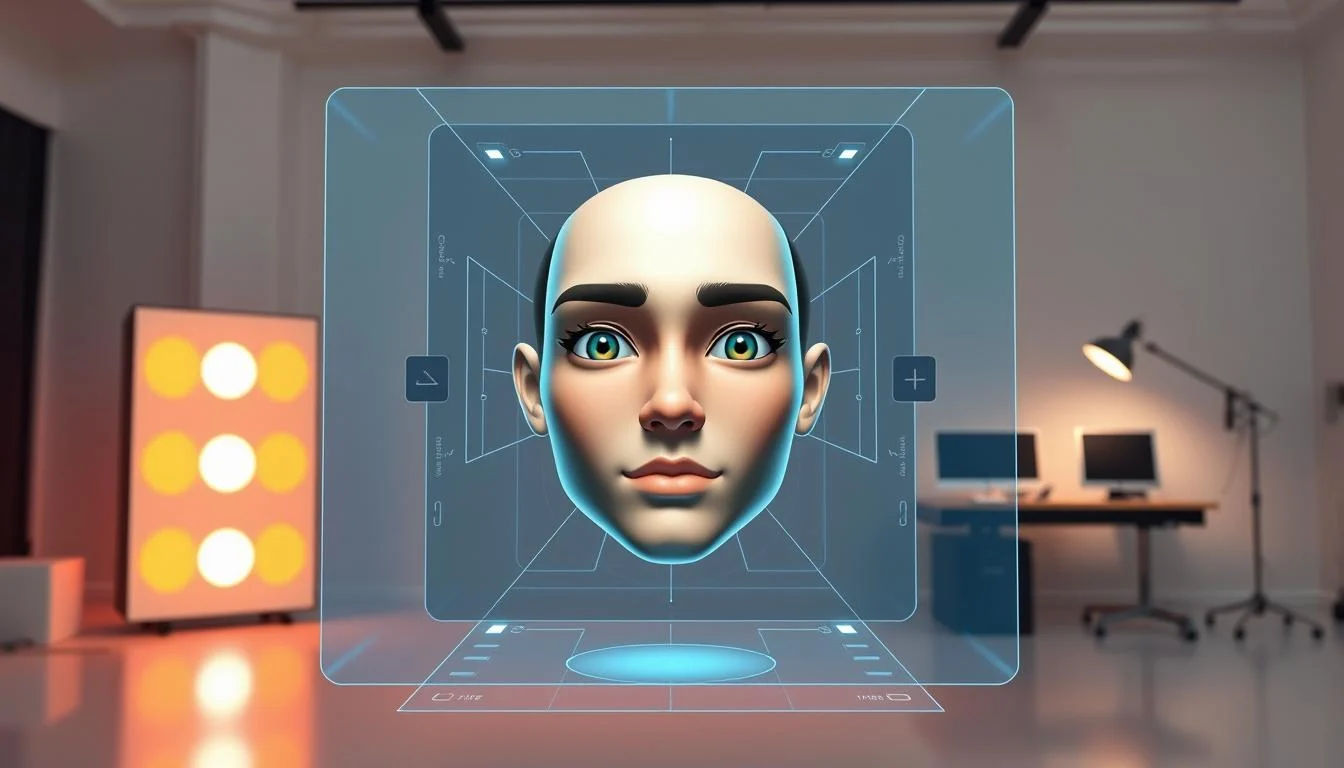 How do VTubers Get Their Avatars? The Ultimate VTuber Avatar Guide 8 A sleek, high-tech interface showcasing a facial tracking software tailored for VTubers. In the foreground, a 3D animated avatar's face is meticulously captured, with real-time motion and expression mapping displayed on a crisp, holographic display. Subtle lighting highlights the intricate workings of the software, casting a futuristic glow across the scene. The middle ground features an array of customization options, allowing users to fine-tune the tracking parameters. In the background, a minimalist workspace suggests a professional, studio-like environment, perfect for VTubers to refine their virtual performances.