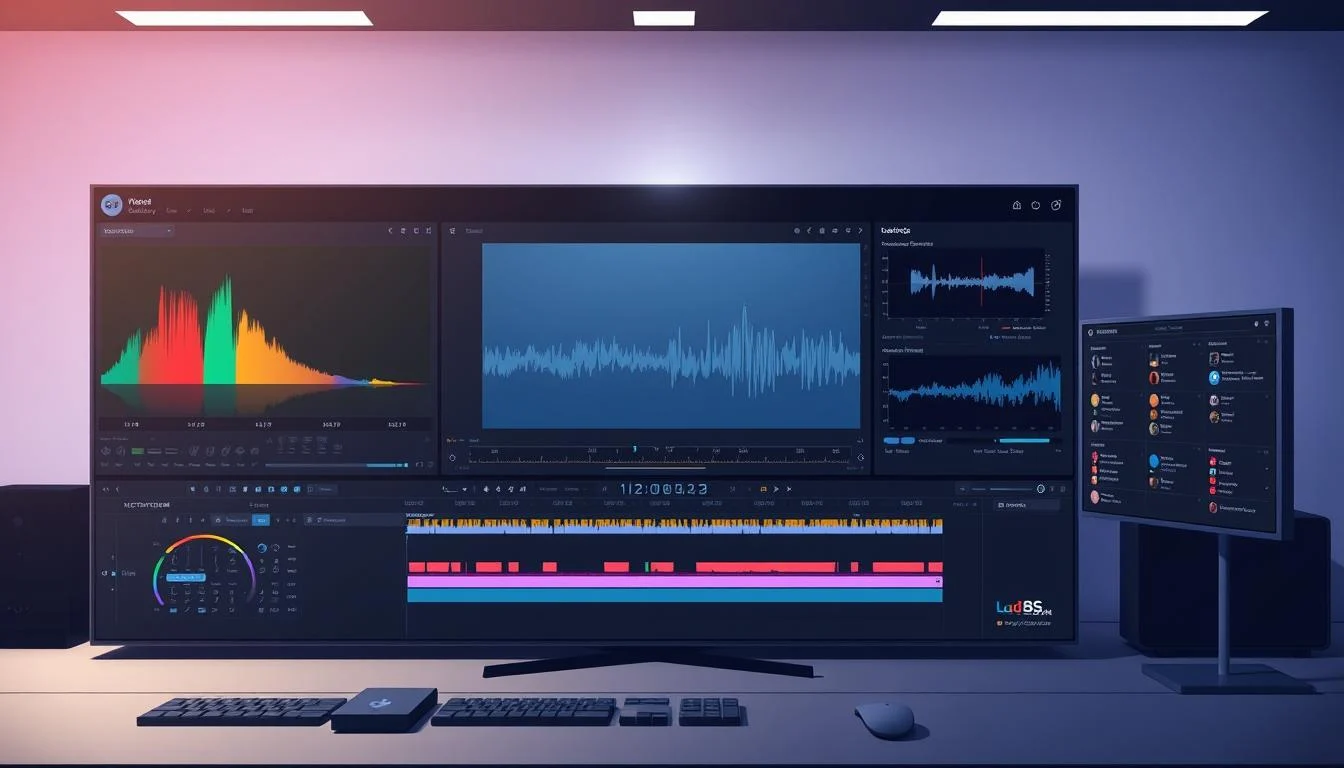 Crowdfunding Video Production: Top Effective Kickstarter Video Services 7 A sleek, modern post-production editing software interface, featuring a clean and intuitive layout. The foreground showcases a large video preview window, surrounded by various editing tools and controls, including a timeline, color grading sliders, and a comprehensive set of effects and transitions. The middle ground displays a detailed histogram, waveform, and vectorscope, providing visual feedback on the video's technical parameters. In the background, a series of compact, docked panels house the project media library, inspector, and other essential editing modules. The overall scene is illuminated by a combination of bright, key lighting and subtle, balanced secondary lighting, creating a high-contrast, professional atmosphere conducive to video post-production.