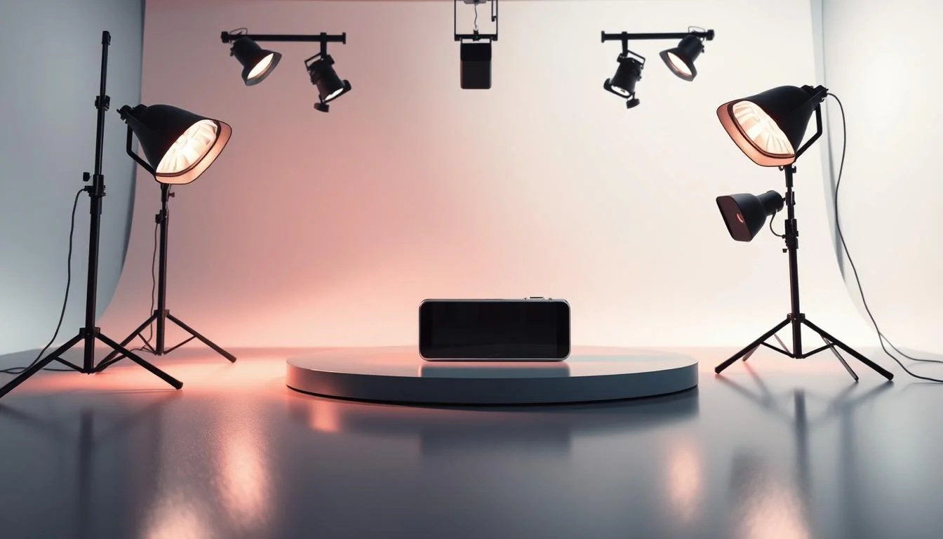 Boost Sales with Expert eCommerce Product Video Production 6 A studio setup with multiple LED lights positioned strategically to create dramatic shadows and highlights on a product. The product is placed on a sleek, reflective surface, allowing the lighting to create depth and dimension. The background is a simple white cyclorama, providing a clean and uncluttered canvas to showcase the product. The camera is positioned at a slightly higher angle, capturing the product from an eye-level perspective to create an inviting and visually appealing presentation. The overall mood is one of sophistication and attention to detail, showcasing the product in the best possible light.