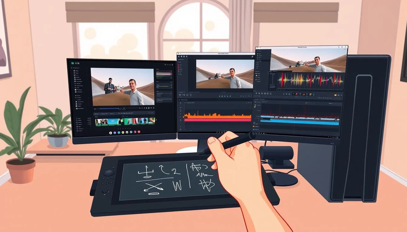 Screencast Video: Screen Recording and Comprehensive Video Editor Guide 4 A video editing workstation with a large high-resolution display, an ergonomic graphics tablet, and a sleek, modern desktop computer. In the foreground, a hand is using the tablet to annotate a screencast video playing on the display, adding highlights, arrows, and freehand drawings to call attention to key details. The middle ground features various video editing software windows open, with timelines, color grading tools, and audio waveforms visible. The background shows a tastefully minimalist office space with neutral tones, subtle ambient lighting, and just a hint of the outdoors visible through a window, creating a focused, productive atmosphere.