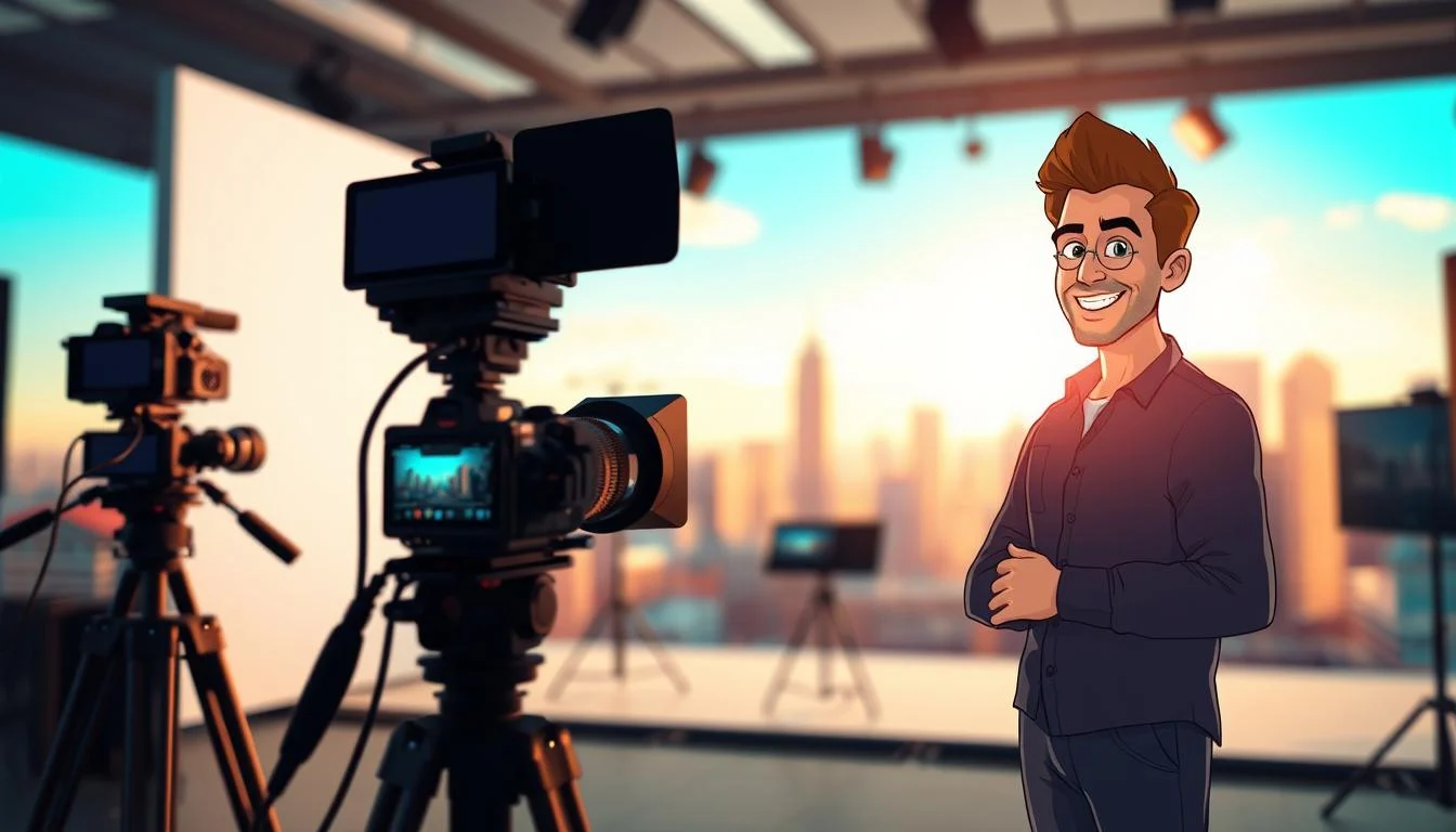 Crowdfunding Video Production: Top Effective Kickstarter Video Services 2 A visually captivating Kickstarter video production scene, captured with a cinematic flair. In the foreground, a charismatic presenter stands before a sleek, minimalist backdrop, their face illuminated by soft, directional lighting that accentuates their passion and enthusiasm. In the middle ground, various production elements come together seamlessly - a professional-grade camera, high-quality audio equipment, and a dynamic, engaging presentation slide deck. The background features a blurred, yet artfully composed urban skyline, hinting at the global reach and impact of the crowdfunding campaign. The overall mood is one of confidence, innovation, and the promise of success, inviting the viewer to be part of this transformative journey.