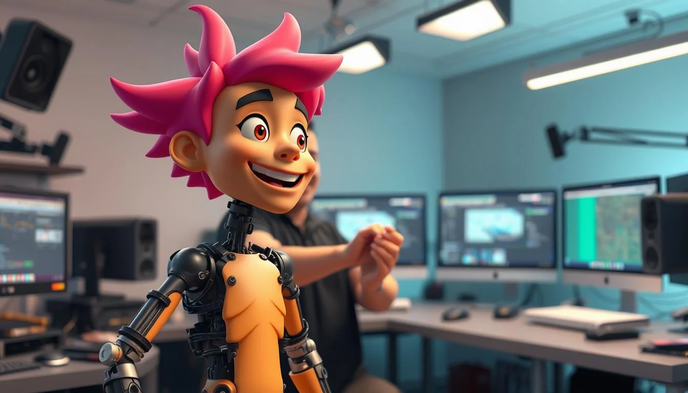 How do VTubers Get Their Avatars? The Ultimate VTuber Avatar Guide 7 A visually engaging scene of a VTuber avatar undergoing the rigging process. In the foreground, a 3D model of a vibrant, expressive character is shown, its limbs and facial features meticulously rigged with a network of virtual joints and controls. In the middle ground, an animator's hands delicately manipulate the avatar, fine-tuning its movements and expressions. The background depicts a softly lit, high-tech studio filled with computer monitors, animation software, and various rigging tools. The overall atmosphere conveys a sense of technical expertise, creativity, and the transformative process of bringing a virtual character to life.
