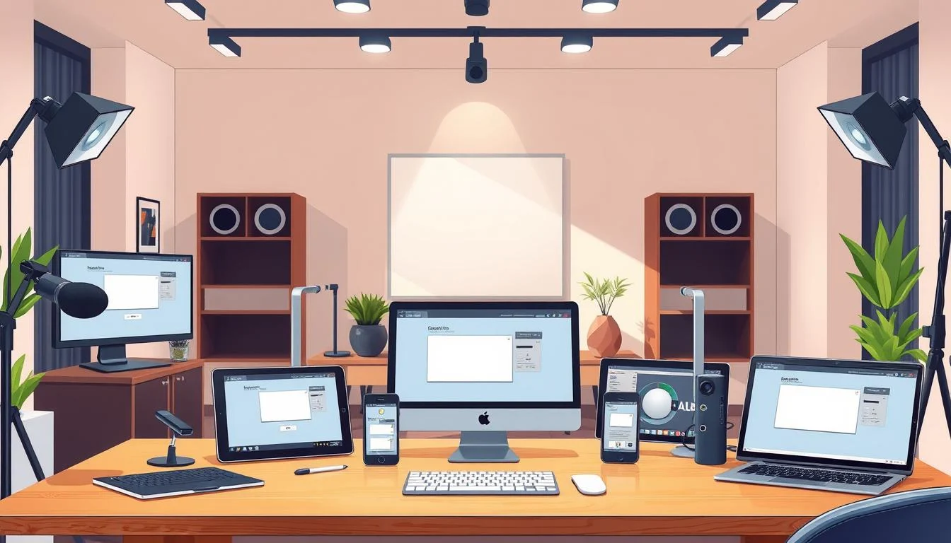Screencast Video: Screen Recording and Comprehensive Video Editor Guide 2 A well-lit studio interior with a desk prominently featuring a selection of professional screen recording software options. The foreground showcases a variety of hardware devices like desktop computers, tablets, and smartphones, each displaying a different screen recording application's user interface. The middle ground features stylish office furnishings and decor, creating a modern, productivity-focused ambiance. The background blends a softly-lit, neutral-toned wall with hints of natural light, emphasizing the tools' sleek, high-tech aesthetic. The overall composition conveys a sense of efficiency, creativity, and the versatility of contemporary screen recording solutions.