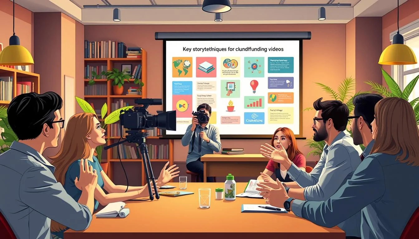 Crowdfunding Video Production: Top Effective Kickstarter Video Services 5 A well-lit studio with a warm, inviting atmosphere. In the foreground, a group of people gathered around a table, engaged in lively discussion, hands gesturing animatedly as they share ideas. Behind them, a projection screen displays visuals and infographics, highlighting key storytelling techniques for crowdfunding videos. The middle ground features a professional videographer, camera in hand, capturing the scene with a shallow depth of field. In the background, a bookshelf and potted plants create a cozy, intellectual ambiance, complementing the collaborative energy of the scene.