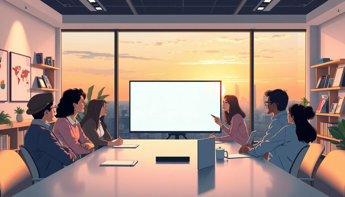 E-Learning Video Production: Your Guide to Engaging Videos 2 A well-organized e-learning video planning session unfolds in a modern, softly lit office. In the foreground, a team gathers around a sleek table, earnestly discussing objectives and strategies, their faces illuminated by the glow of a large digital whiteboard. Behind them, a panoramic window offers a serene city skyline, bathed in the warm tones of the setting sun. Shelves of reference materials and inspirational artworks line the walls, creating an atmosphere of creative focus. The lighting is balanced, with a mix of natural and task-specific illumination, casting subtle shadows that add depth and dimension to the scene. The camera angle captures the collaborative energy of the meeting, inviting the viewer to imagine themselves as a participant in this dynamic e-learning video planning process.