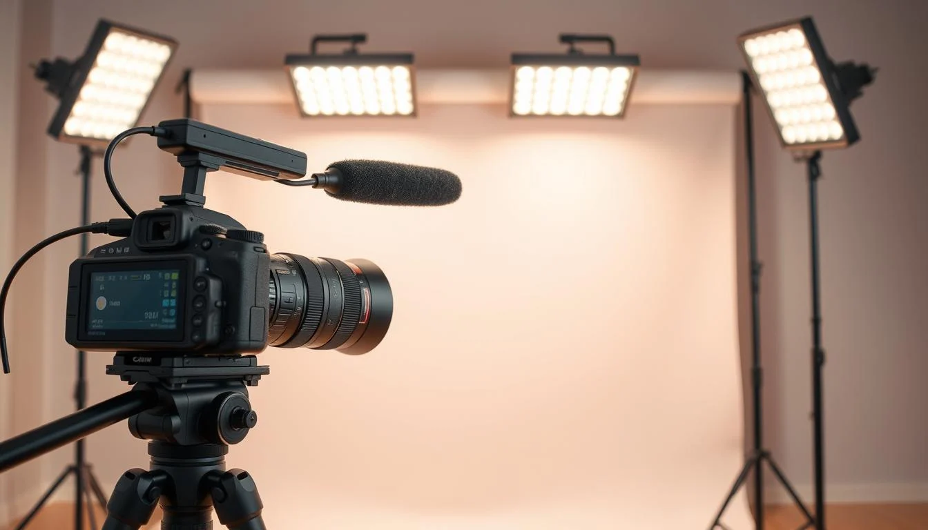 Crowdfunding Video Production: Top Effective Kickstarter Video Services 4 Crowdfunded video setup featuring a professional-grade DSLR camera on a tripod, alongside a shotgun microphone on a boom stand. Soft, diffused lighting from a pair of LED panels, casting a warm glow across the scene. The camera is focused on a clean, minimalist backdrop, ready to capture high-quality footage for a crowdfunding campaign. The overall setup conveys a sense of production value and cinematic quality, perfect for showcasing the creator's video skills and inspiring potential backers.