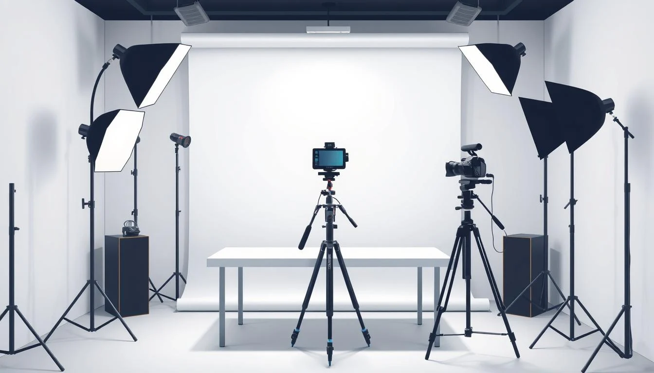 Boost Sales with Expert eCommerce Product Video Production 4 a high-quality studio setup for professional product videos, featuring a well-lit product display table with a plain backdrop, a professional-grade camera on a tripod capturing the product from an optimal angle, a set of studio lighting equipment including softboxes and reflectors to create even, shadow-free illumination, and a selection of essential filming accessories such as a microphone, remote control, and color calibration tools, all arranged in a clean, organized manner to facilitate efficient video production