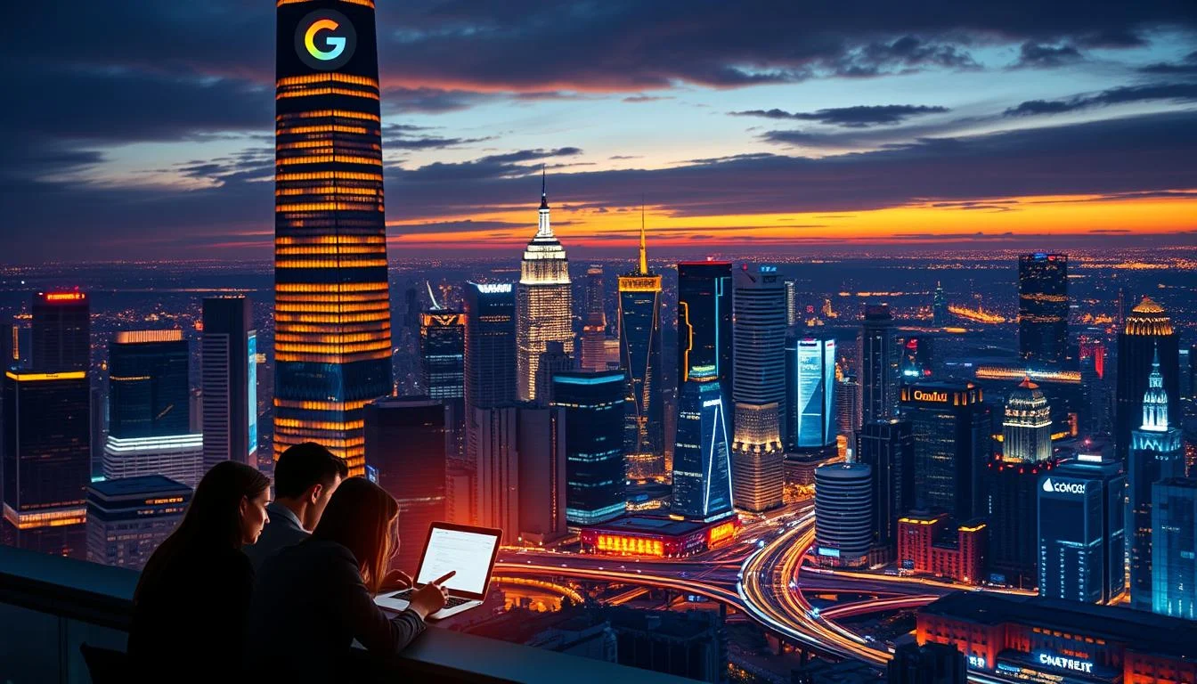Why is Search Engine Marketing Important? : Essential Benefits & Winning Strategies 2 A bustling city skyline at golden hour, with a prominent search engine's logo illuminated on a towering skyscraper. In the foreground, a team of professionals, dressed in business attire, collaborating on a digital marketing strategy, their laptop screens reflecting the glow of success. The middle ground showcases a steady stream of online transactions, e-commerce platforms, and targeted advertisements, all working in harmony to drive business growth. The background features a vibrant, technologically-advanced landscape, with glowing data visualizations and interconnected networks, symbolizing the power of search engine marketing in today's digital landscape.