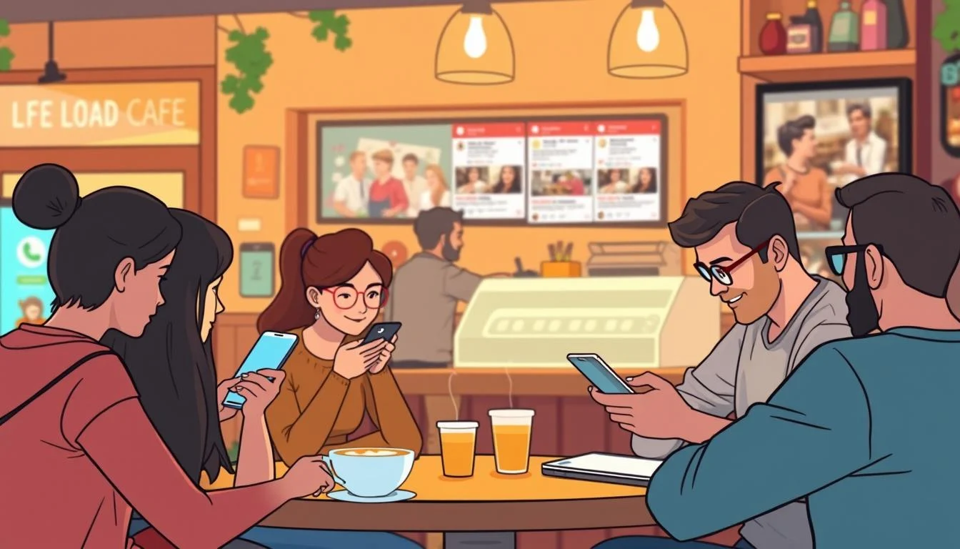 Local Search Engine Optimization Guide: Improve Your Local SEO Ranking 7 A bustling local cafe, its storefront facade illuminated by warm lighting, the interior bustling with patrons engaged on their smartphones, laptops, and tablets. In the foreground, a group of friends gathered around a table, their faces lit by the glow of their devices as they share content and discuss local events. In the middle ground, a barista expertly crafts a latte, their movements captured in a shallow depth of field. The background features a vibrant social media feed displayed on a large digital screen, showcasing the cafe's active engagement with the local community. The overall scene conveys a sense of modern, connected local business, where digital and physical worlds seamlessly intertwine.
