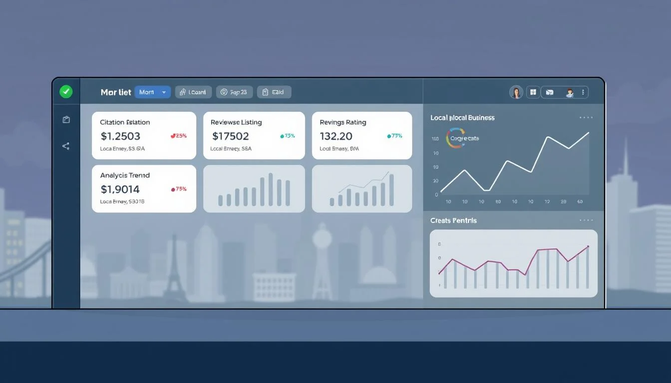Local Search Engine Optimization Guide: Improve Your Local SEO Ranking 5 A clean, modern dashboard interface displaying key metrics for local business citations management. In the foreground, a sleek dashboard with cards showing citation counts, review ratings, and analytics trends, rendered in a minimalist, high-contrast style with subtle textures. The middle ground features various local business listing icons and profile thumbnails, arranged neatly. In the background, a slightly blurred cityscape with distinctive local landmarks, conveying a sense of the dashboard's real-world relevance and application. The overall mood is professional, data-driven, and focused on providing an intuitive, comprehensive view of a business's local online presence and reputation.