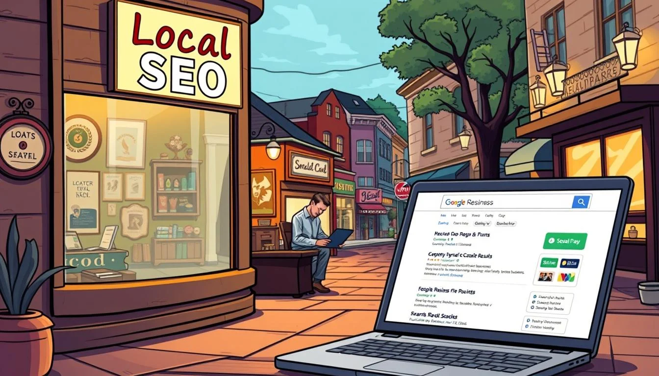 SEO: How Important is Search Engine Optimization? 6 A cozy local storefront with a large Local SEO sign in the window, illuminated by warm, soft lighting. In the foreground, a laptop showing a search engine results page with a focus on local business listings. The middle ground features a small business owner studying the laptop intently, surrounded by framed local awards and accolades. The background showcases the bustling main street of a quaint, charming town. The overall atmosphere conveys the importance of optimizing a small business's online presence for local search to attract nearby customers.