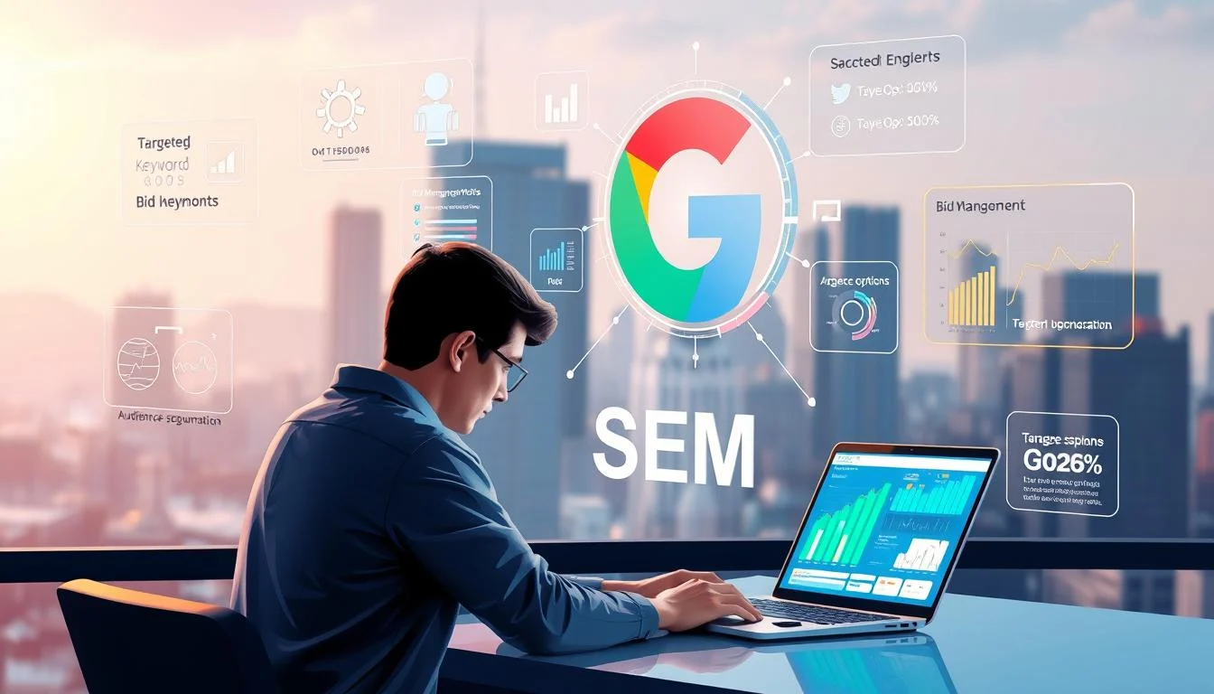 Why is Search Engine Marketing Important? : Essential Benefits & Winning Strategies 6 A digital illustration depicting the process of setting up a search engine marketing (SEM) campaign. In the foreground, a person sits at a desk, intently studying a laptop screen filled with graphs, charts, and analytical data. Surrounding them, floating holographic interfaces display various SEM-related elements targeted keywords, bid management tools, campaign metrics, and audience segmentation options. In the middle ground, a stylized search engine logo hovers, symbolizing the central role of search engines in the SEM process. The background features a blurred cityscape, evoking the competitive online landscape in which the SEM campaign will be deployed. The overall scene conveys a sense of focus, strategy, and the intersection of human expertise and digital technology in the creation of an effective SEM campaign.