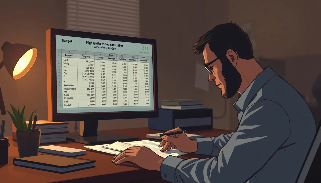 How Much Does a Gaming Trailer Cost? Video Game Trailer Cost Ultimate Guide 5 A dimly lit office, the soft glow of a computer screen illuminating a well-organized desk. On the screen, a detailed spreadsheet with budget categories and calculations, outlining the costs of producing a high-quality video game trailer. In the foreground, a thoughtful executive pores over the figures, pen in hand, considering every expense with precision. The background is hazy, suggesting the intense concentration required for this crucial planning stage. Warm, muted tones create a sense of professionalism and focus, as the image captures the careful, strategic process of bringing a video game trailer to life within a realistic budget.