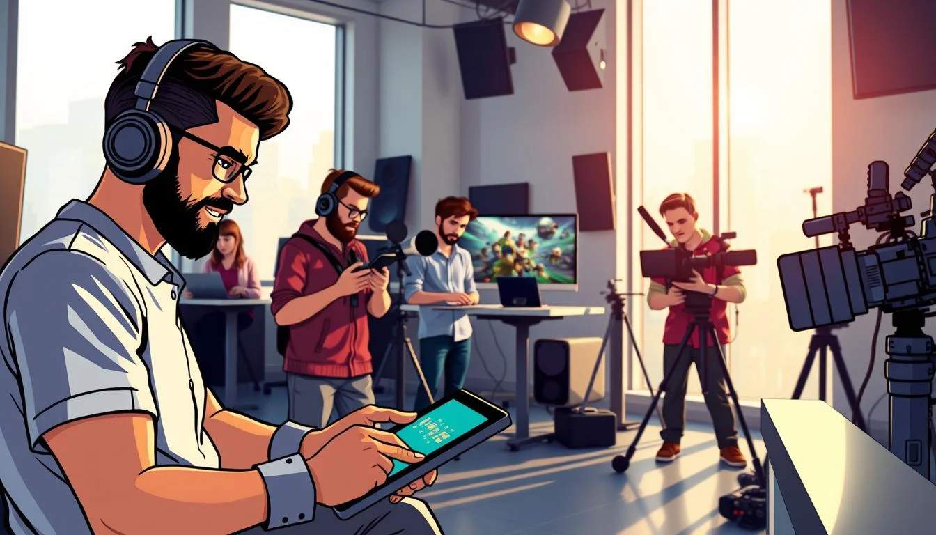 How Much Does a Gaming Trailer Cost? Video Game Trailer Cost Ultimate Guide 4 A dynamic and diverse group of gaming professionals gather in a well-lit, modern production studio. In the foreground, a skilled animator works on a tablet, their face lit by the glow of the screen. In the middle ground, a team of sound engineers fine-tune audio equipment, headphones on, while a director oversees the process through a large monitor. In the background, a cinematographer operates a high-end camera, capturing footage of the action. The atmosphere is one of focused collaboration, as the group works together to bring the gaming trailer to life with the perfect blend of technical expertise and creative vision.
