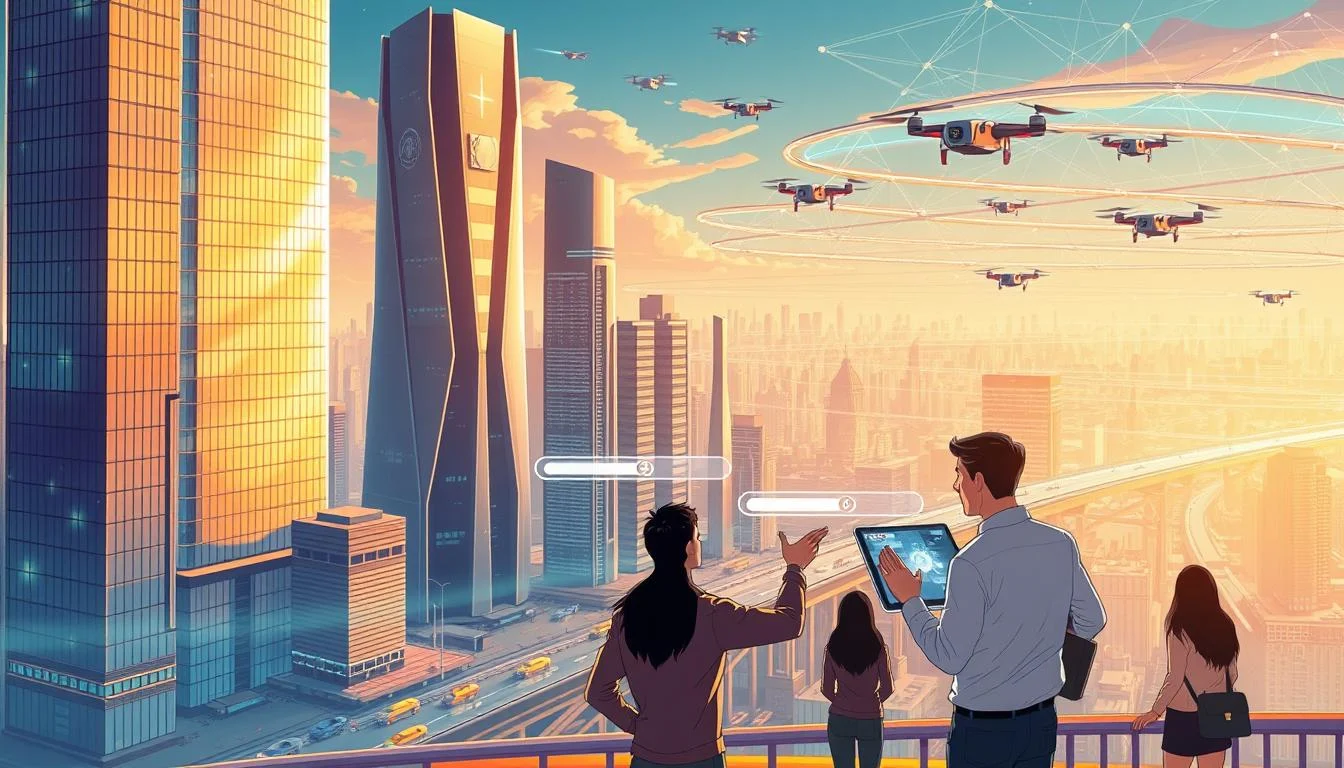 What is Generative Engine Optimization (GEO): The Revolutionary Shift in SEO? 4 A futuristic cityscape with towering skyscrapers and gleaming glass facades, bathed in a warm, golden light. In the foreground, a group of people intently examining holographic displays, gesturing and interacting with AI-powered search interfaces. The middle ground features autonomous vehicles and drones crisscrossing the urban landscape, while in the background, a vast network of interconnected data centers and servers hum with the activity of machine learning algorithms. The scene conveys a sense of technological advancement, seamless integration, and the transformative impact of AI on the future of search and information discovery.