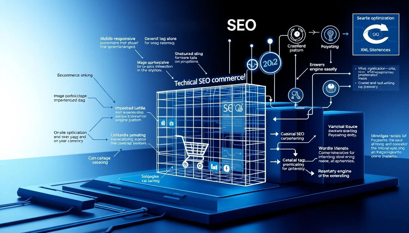eCommerce SEO Service: Your Top eCommerce SEO Agency for Online Retailers 6 A high-contrast, hyper-detailed 3D architectural diagram depicting the key technical SEO best practices for ecommerce platforms. In the foreground, a schematic of an online store's technical infrastructure, showcasing elements like mobile-responsiveness, fast page loading, structured data, and canonical URL implementation. In the middle ground, a wireframe grid overlaying the ecommerce platform, highlighting on-site optimization techniques such as image optimization, canonical tags, and XML sitemaps. In the background, a holistic visualization of the technical SEO ecosystem, including crawlers, indexing, and search engine ranking factors. Rendered in a sleek, high-tech aesthetic with cool blue and gray tones, dramatic lighting, and a sense of technical precision.