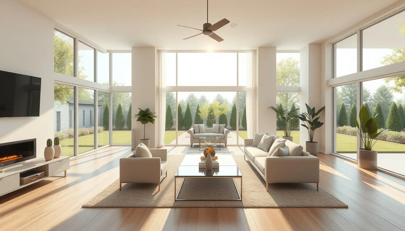 Real Estate Video Marketing: Expert Tips for Commercial and Residential Sales 5 A high-resolution, photorealistic image of a virtual tour of a modern, well-designed residential property. The scene depicts a spacious, open-concept living room with large windows overlooking a beautifully landscaped backyard. Soft, natural lighting filters through the space, creating a warm and inviting atmosphere. The camera is positioned to provide a seamless, immersive experience, capturing the flow of the home's layout and highlighting its key architectural features. The furnishings and decor are tasteful and minimalist, complementing the property's clean, contemporary aesthetic. The image should convey a sense of tranquility and sophistication, reflecting the high-quality, premium nature of the residential experience.
