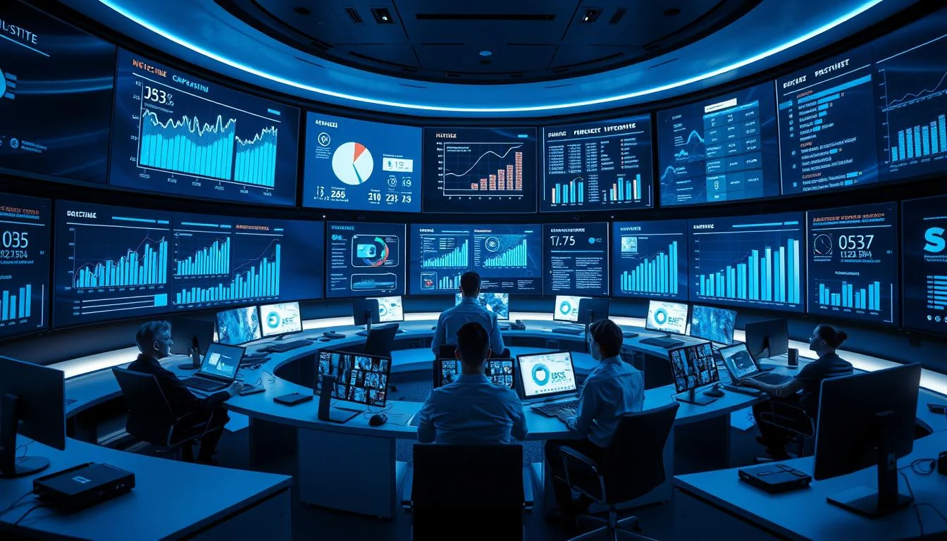 Why is Search Engine Marketing Important? : Essential Benefits & Winning Strategies 7 A high-tech control room with sleek, minimalist workstations arranged in a semicircle. The walls are covered in large, holographic displays showing real-time data visualizations and performance metrics for various digital marketing campaigns. The lighting is cool and blue, creating a focused, analytical atmosphere. In the center, a team of digital marketing experts intently analyze the data, discussing advanced SEM strategies and bid management techniques using intuitive, touchscreen interfaces. The overall scene conveys the sophistication and complexity of modern search engine marketing.