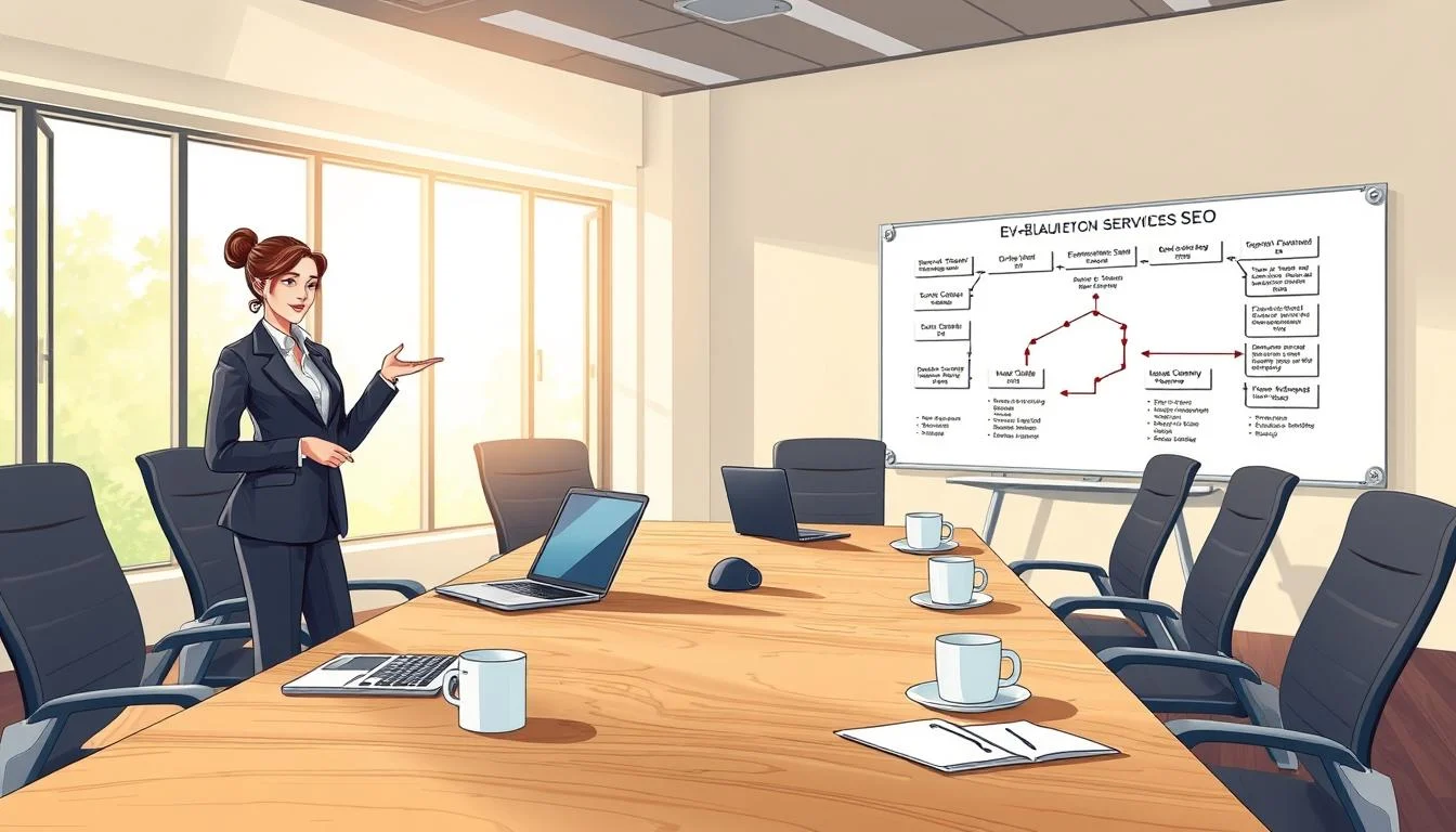 eCommerce SEO Service: Your Top eCommerce SEO Agency for Online Retailers 5 A large, wooden boardroom table with laptops, documents, and coffee mugs, surrounded by chairs. In the foreground, a woman in a business suit stands, gesturing to a presentation on a laptop screen. Warm, natural lighting filters in through large windows, casting a professional, thoughtful atmosphere. In the background, a whiteboard displays criteria and a process flow diagram for evaluating e-commerce SEO service providers. The scene conveys a serious, methodical approach to selecting the best partner for online retail success.