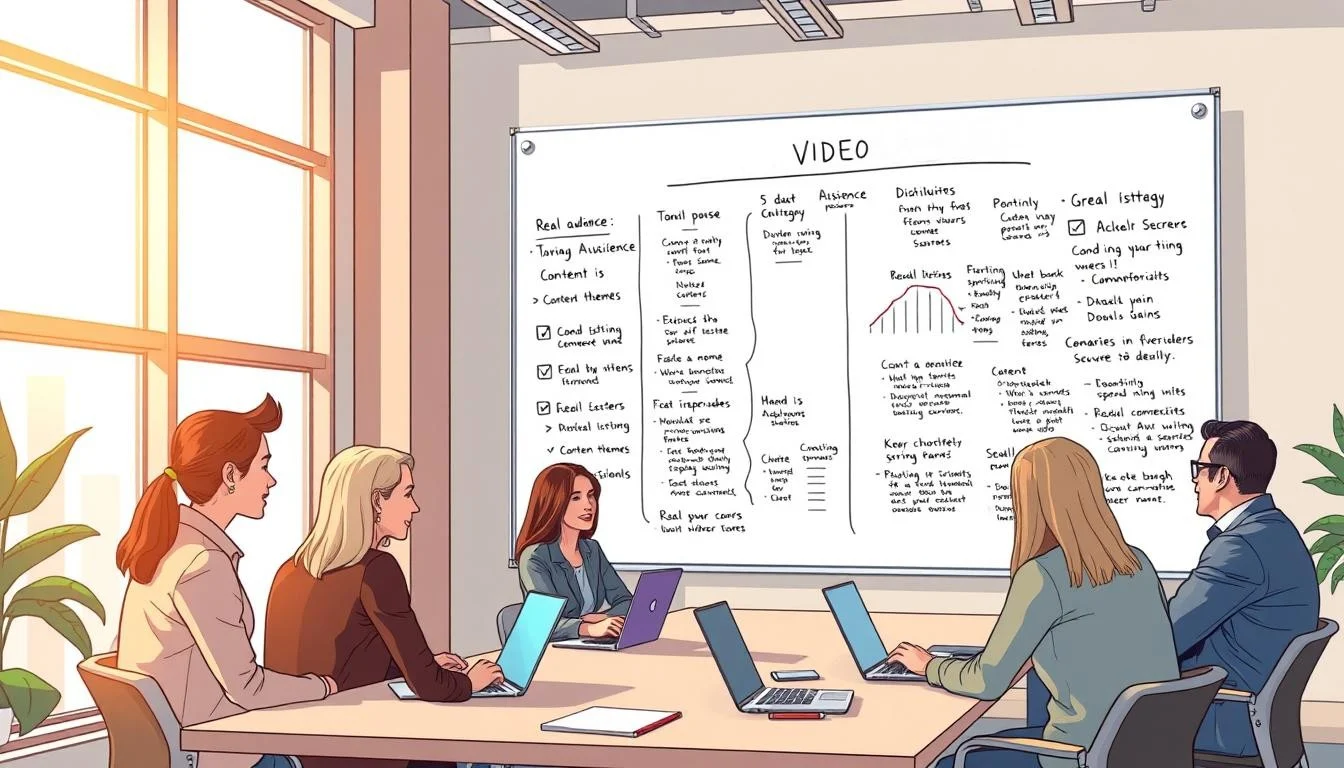 Real Estate Video Marketing: Expert Tips for Commercial and Residential Sales 4 A modern and professional office interior with a large whiteboard on the wall, showcasing a real estate video marketing strategy plan. The scene is brightly lit with warm, natural lighting streaming through large windows. On the whiteboard, there are various diagrams, charts, and handwritten notes outlining the different components of the strategy, such as target audience, content themes, distribution channels, and key performance indicators. In the foreground, a team of real estate professionals is gathered around a conference table, engaged in a collaborative discussion, with laptops and notepads visible. The atmosphere is one of focused, productive brainstorming, reflecting the careful planning and execution required for an effective real estate video marketing campaign.