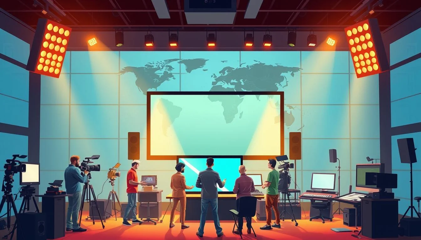 How Much Does a Gaming Trailer Cost? Video Game Trailer Cost Ultimate Guide 8 A modern, high-tech studio setting showcasing the regional variations in gaming trailer production costs. In the foreground, a diverse crew of filmmakers, animators, and audio engineers collaborate on a large display screen, meticulously planning a visually stunning trailer. The middle ground features an array of high-end production equipment, including cameras, lighting rigs, and sound mixing consoles, reflecting the significant investment required for top-quality trailer creation. In the background, a world map highlights key production hubs, illustrating the disparities in costs and resources across different regions. Warm, saturated lighting and a dynamic, fast-paced atmosphere convey the energy and importance of this specialized field.
