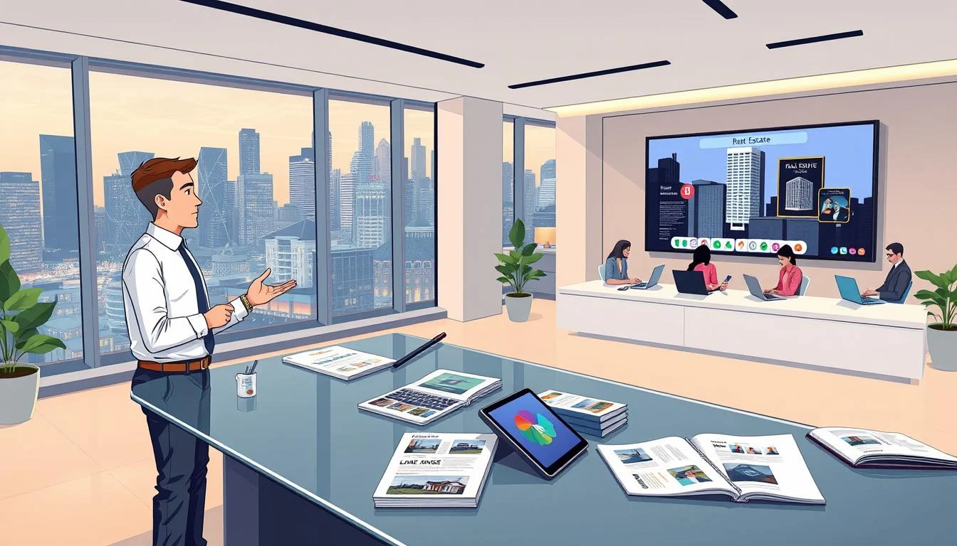 Real Estate Video Marketing: Expert Tips for Commercial and Residential Sales 2 A modern real estate office with sleek, minimalist decor and large windows overlooking a bustling city skyline. In the foreground, a real estate agent stands at a glass-topped desk, gesturing animatedly as they discuss marketing plans with a client. Soft, warm lighting creates a professional yet inviting atmosphere. The middle ground features various marketing materials such as high-quality property brochures, digital tablets, and a large wall-mounted screen displaying a real estate video. In the background, a team of marketing specialists collaborates on their laptops, strategizing innovative ways to showcase residential and commercial properties.
